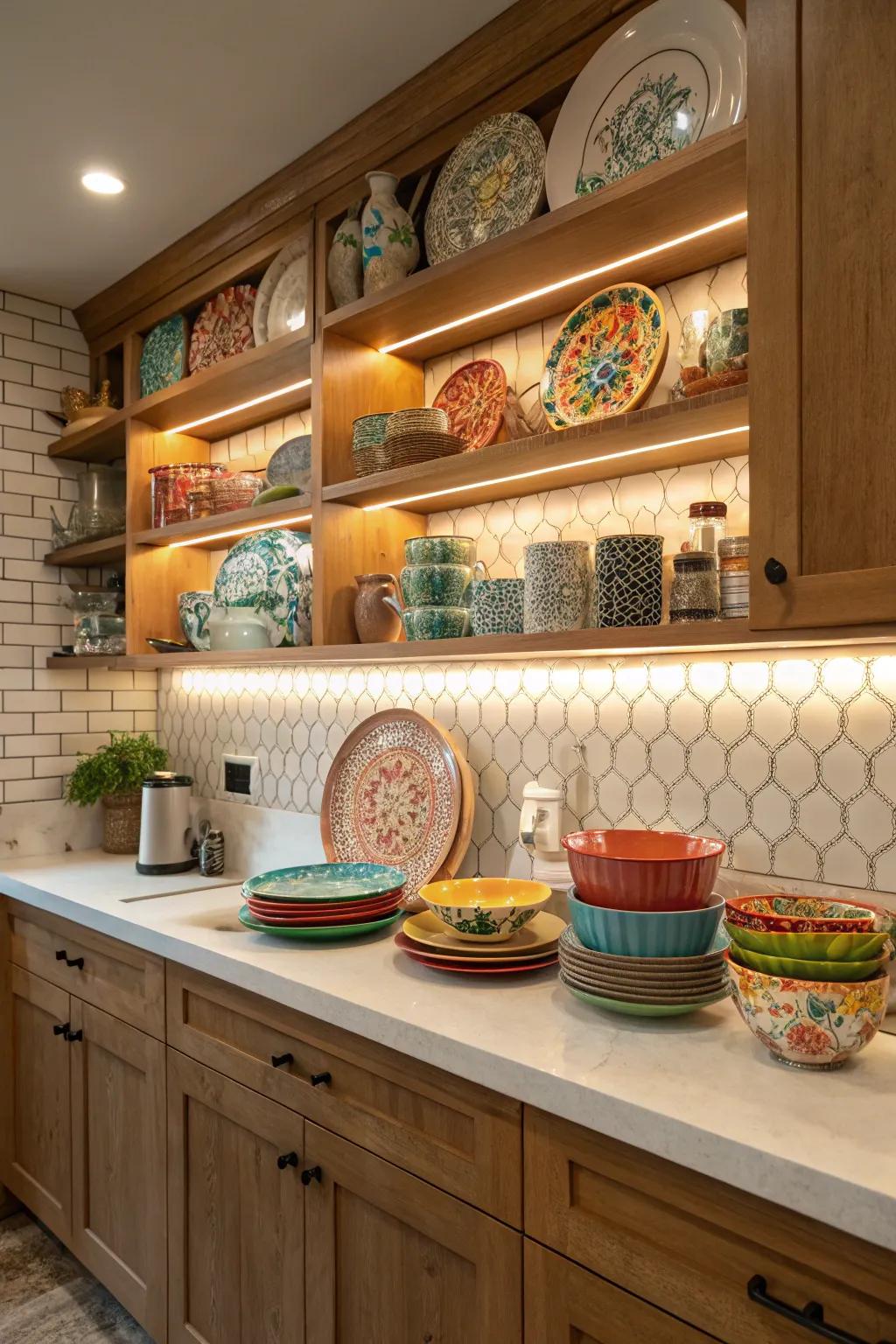 Decorative shelving highlighting curated pieces.