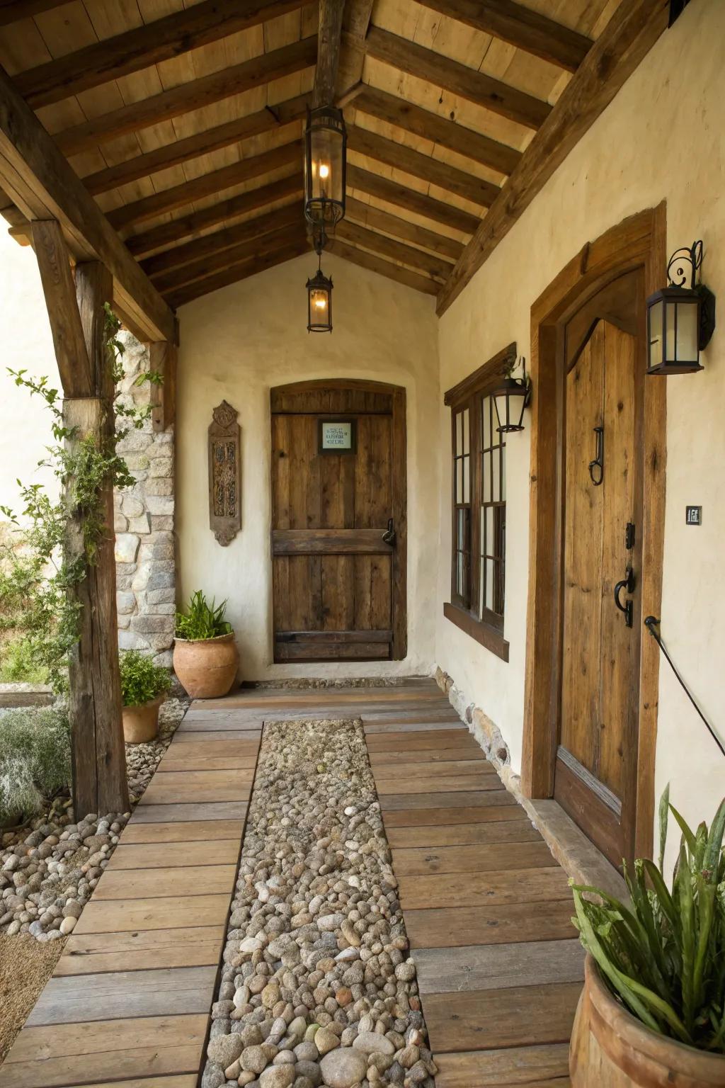 A country entryway featuring distinguished weathered wood flooring.