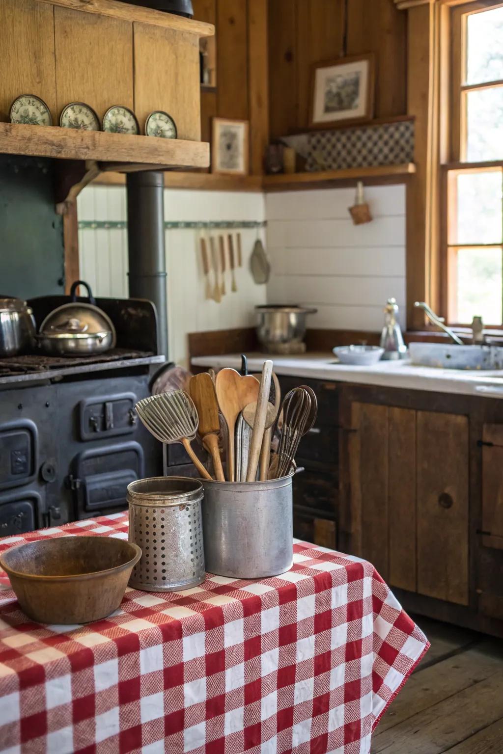 Retro utensils adding a historical touch to a country-style cooking space.