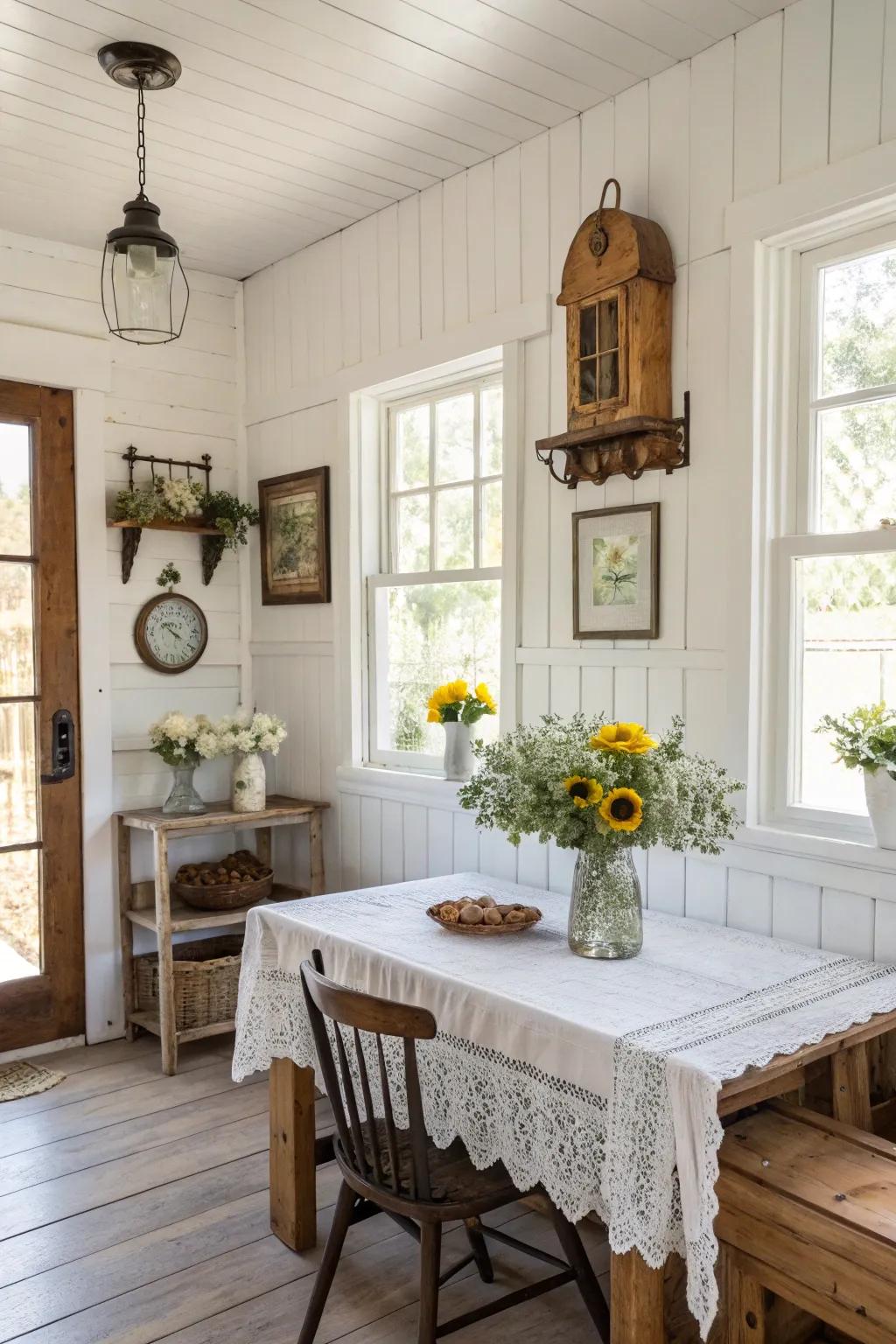 Timeless white walls maximize light and space within this farmhouse room.