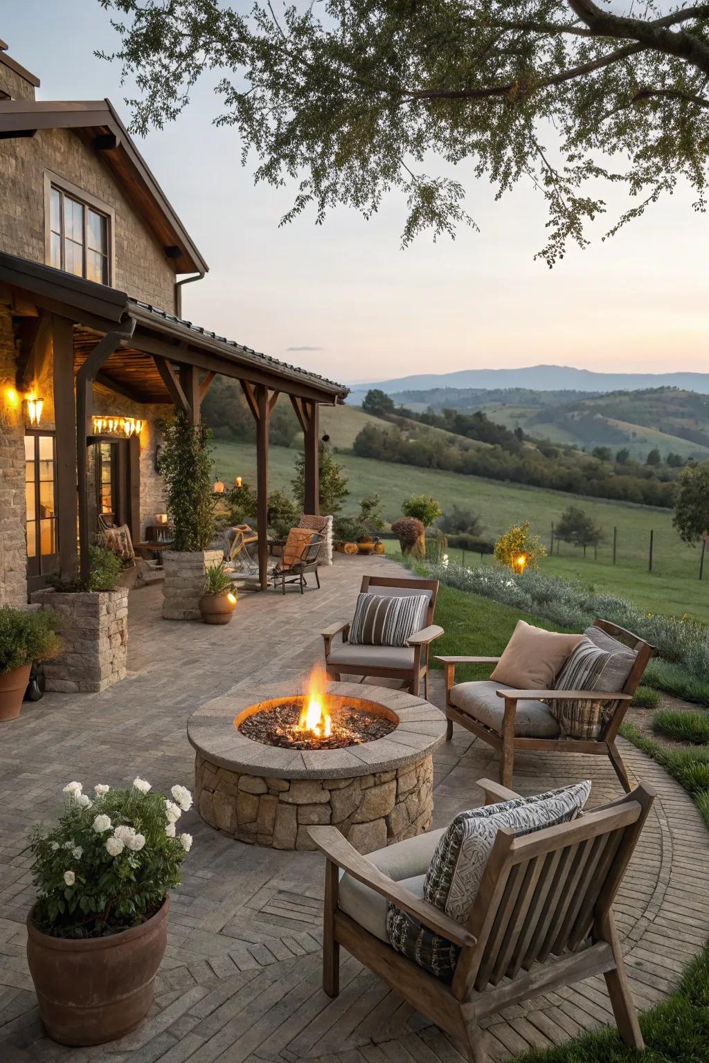 A fire pit delivers warmth and a congregating spot for a farmhouse patio.