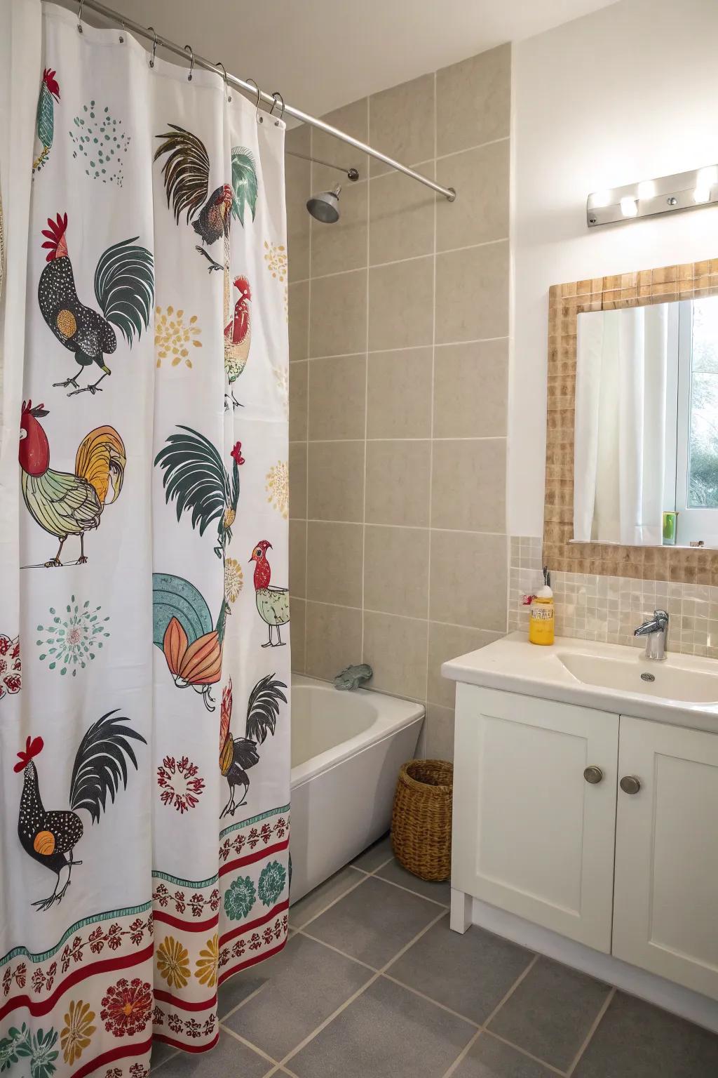 A lavatory with a shower drape featuring delightful creature emblems like roosters.