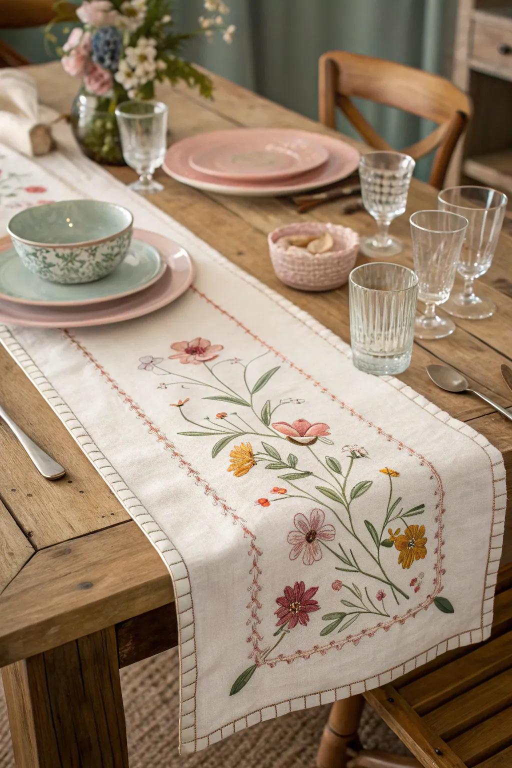 Bloom stitchwork enhances the table's vintage allure.
