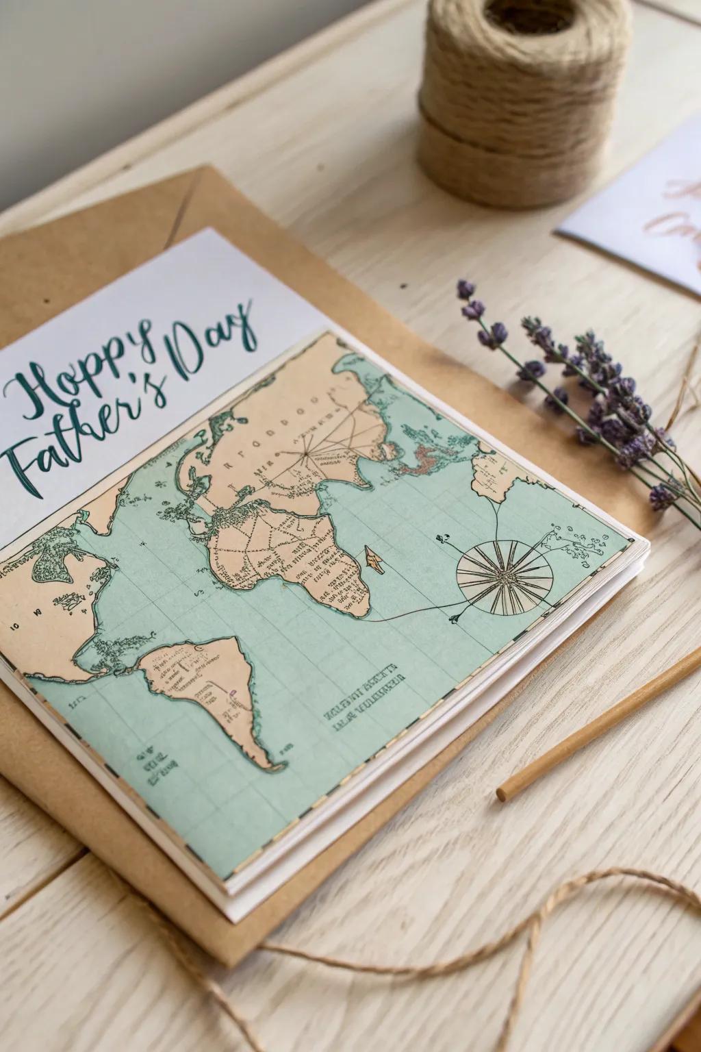 Create a sincere voyage for Dad using a map-inspired card that speaks to his passion for voyage and treasured memories.