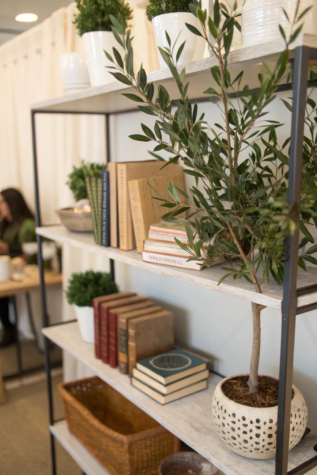 Use synthetic Italian plant branches to accent your shelves.