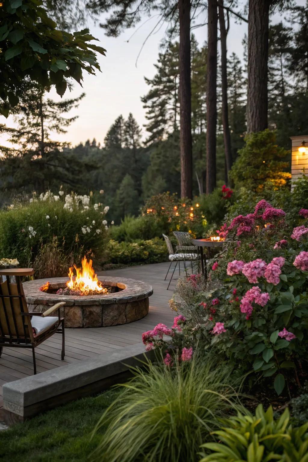 Lush greenery transforms the fire pit space into a tranquil sanctuary.