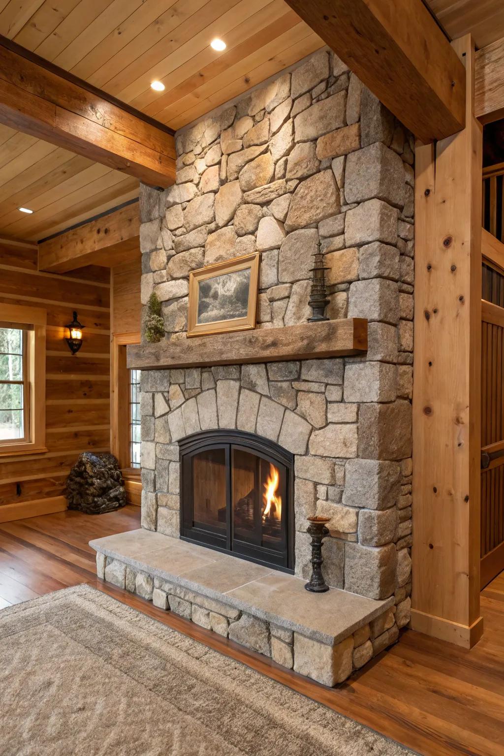 Organic stone and wood produce a harmonious combination in this fireplace design.