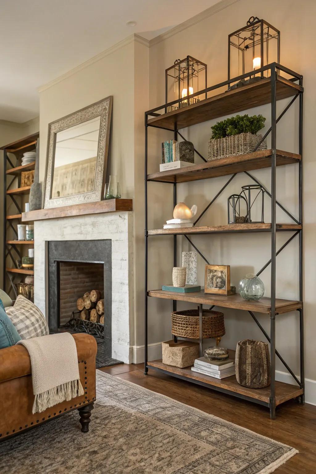 A varied fusion of materials on shelves for a dynamic aesthetic.