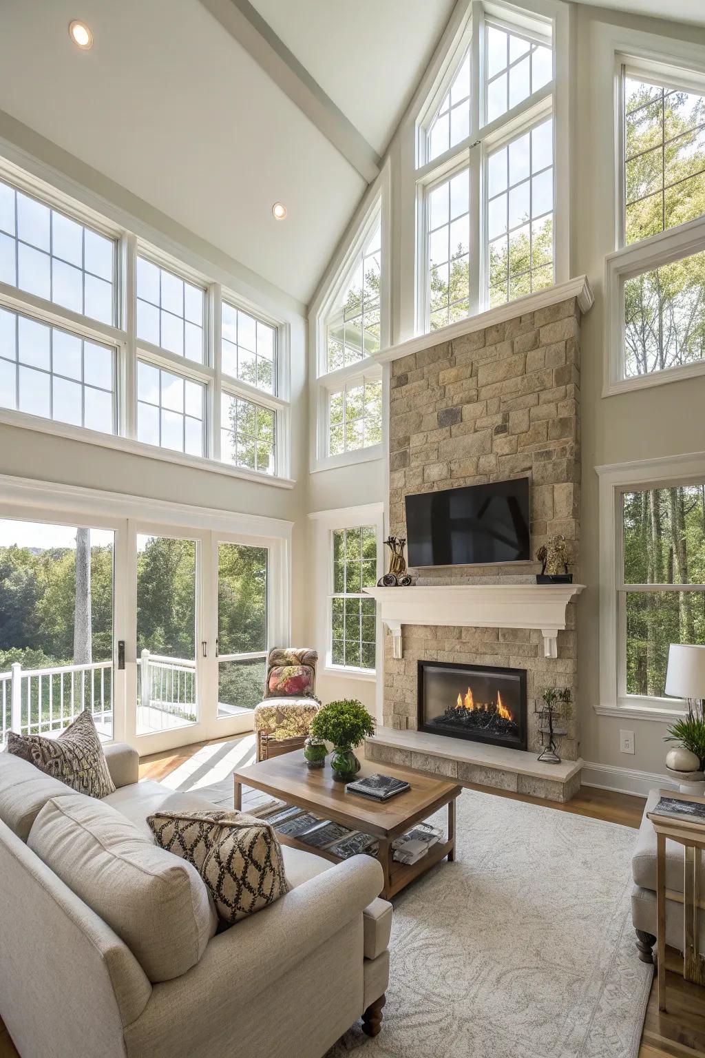 An open-concept living area with a spacious design and a fireplace and TV.