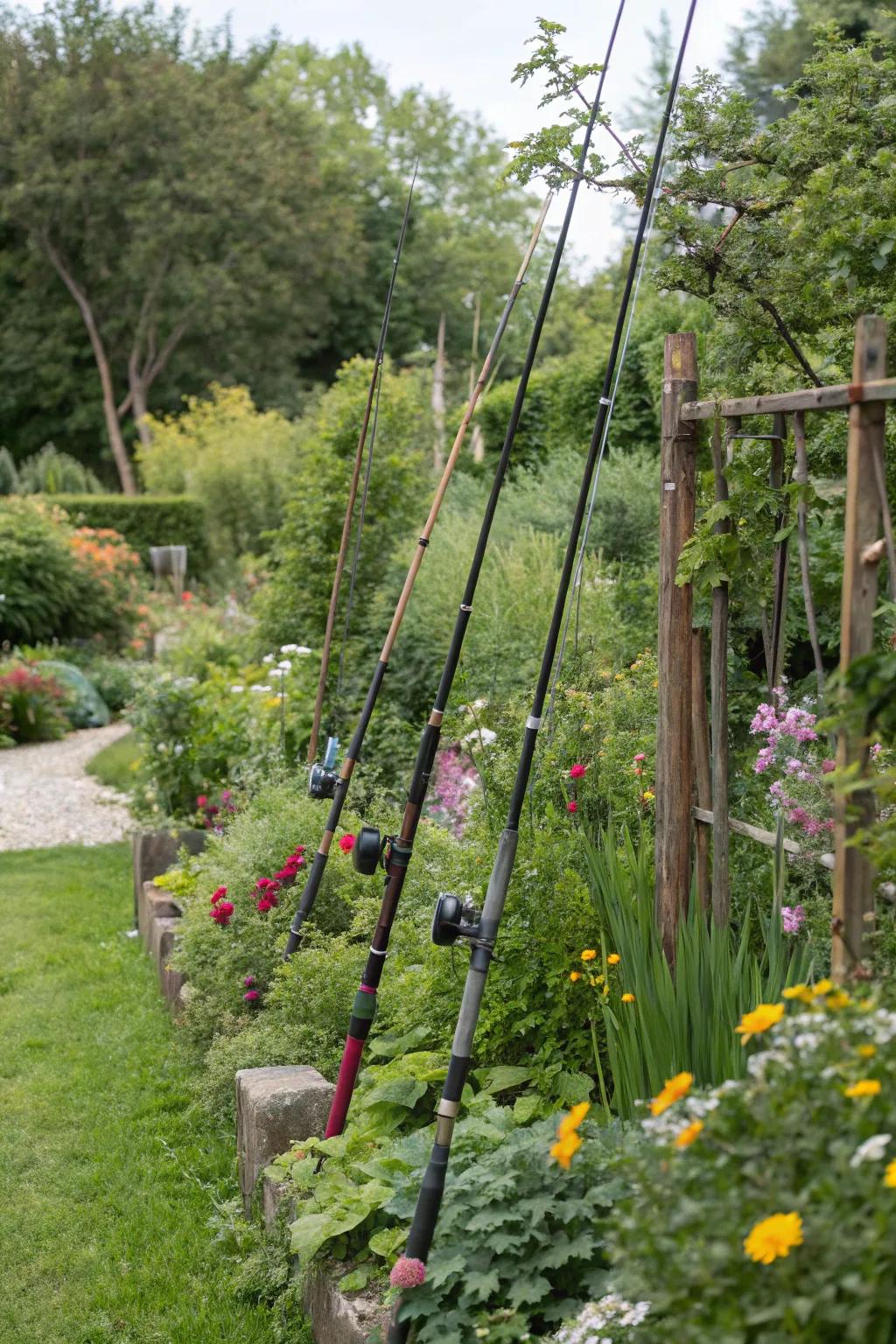 Angling tools introduce character and reinforcement in garden settings.