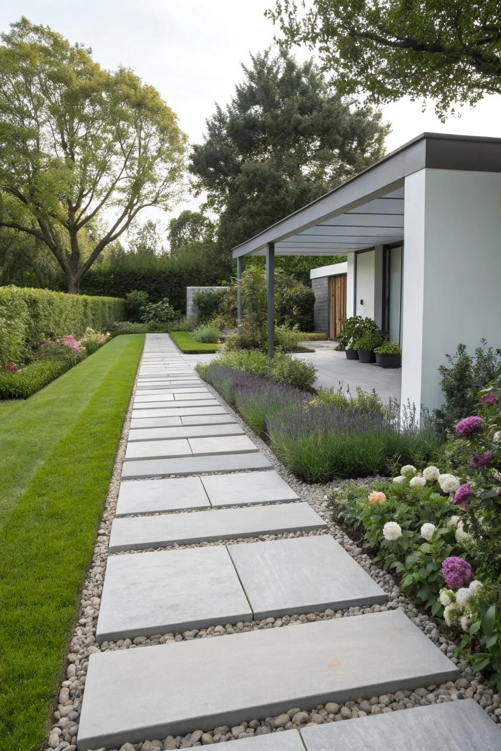 A modern slate path with smooth lines and minimalist appeal.
