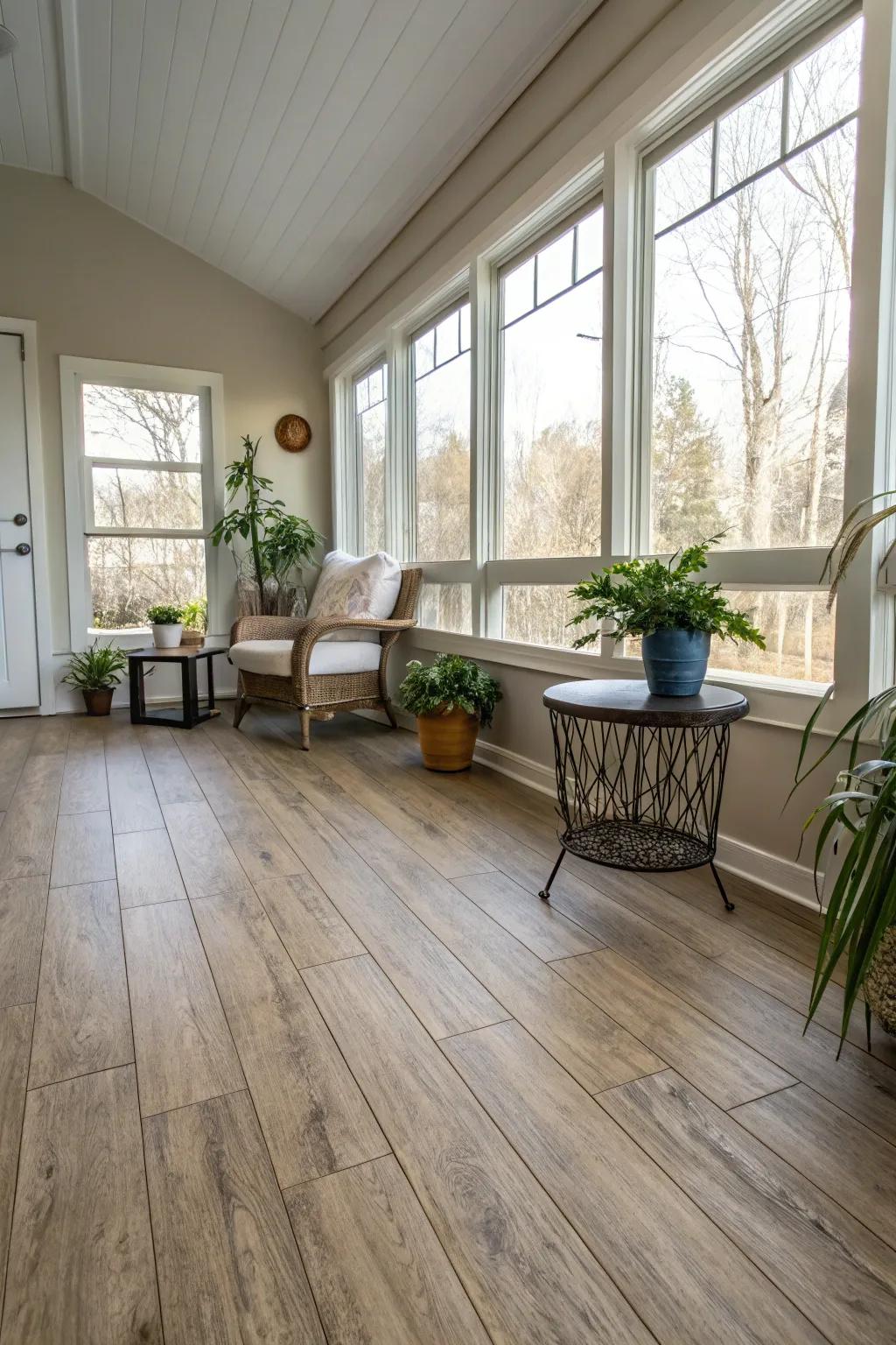Stylish sunroom featuring faux wood flooring.