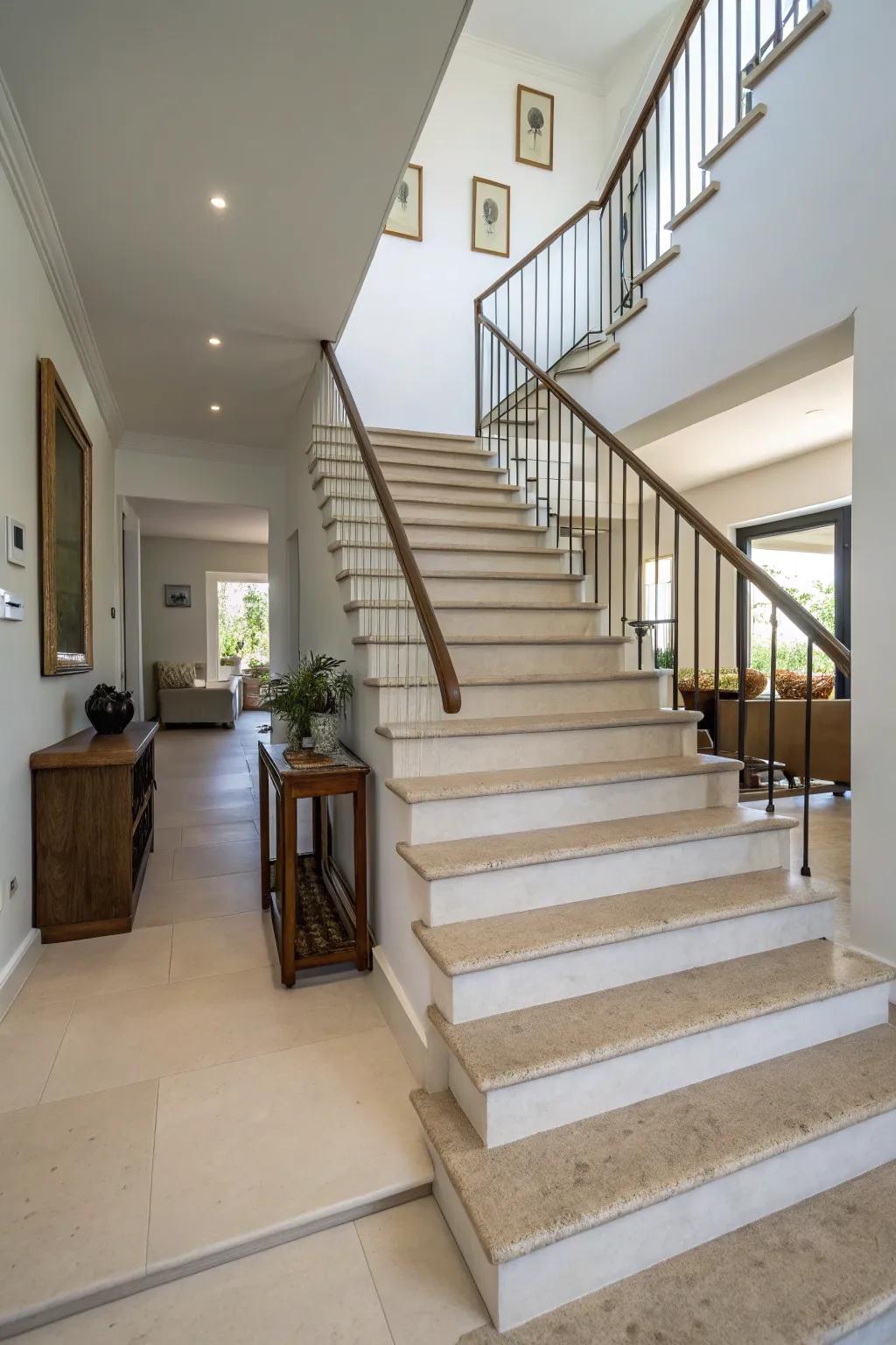 Neutral hues on staircases present an adaptable and ageless base.