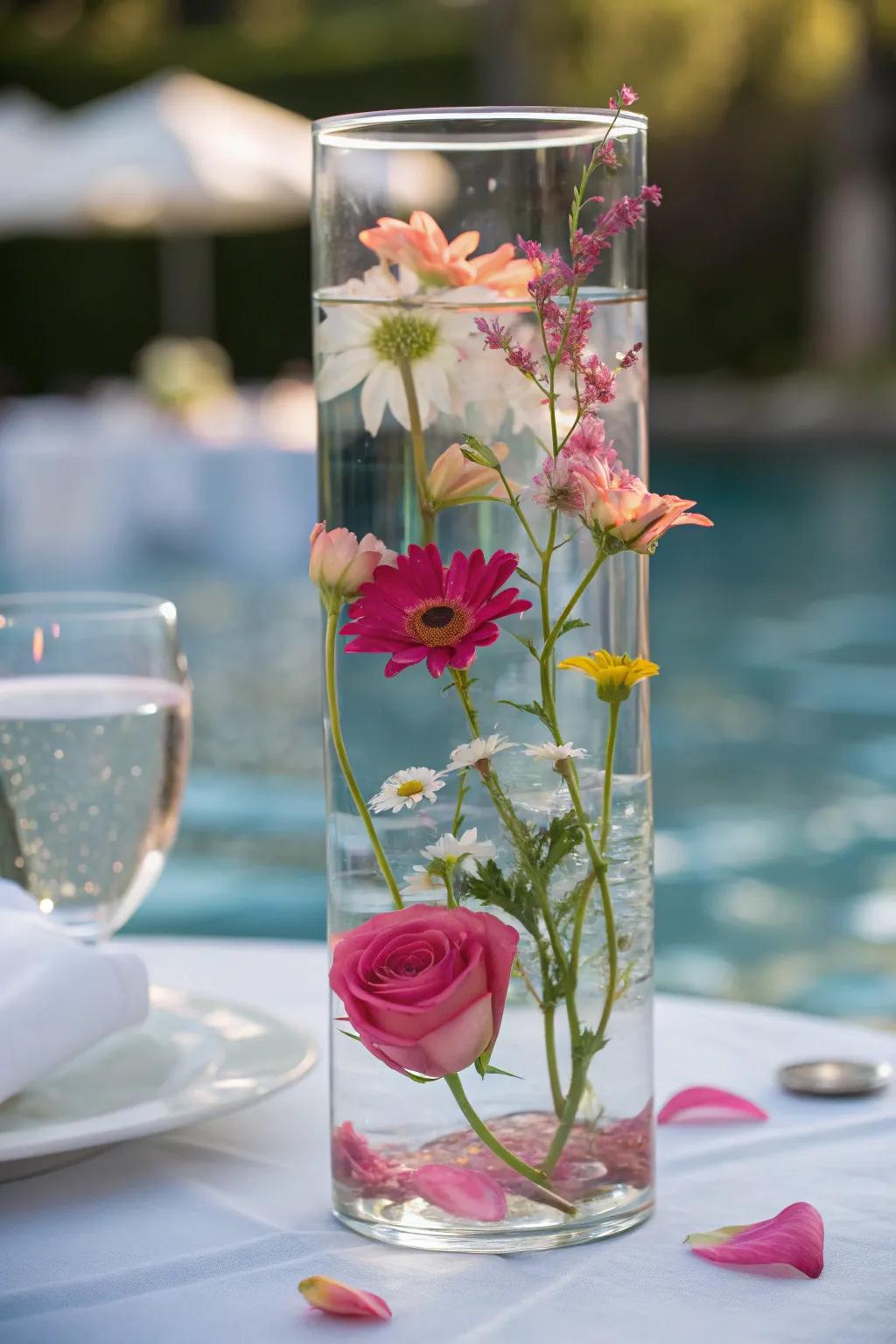 Suspended floral centerpiece, creating an enchanting visual impact on the table.