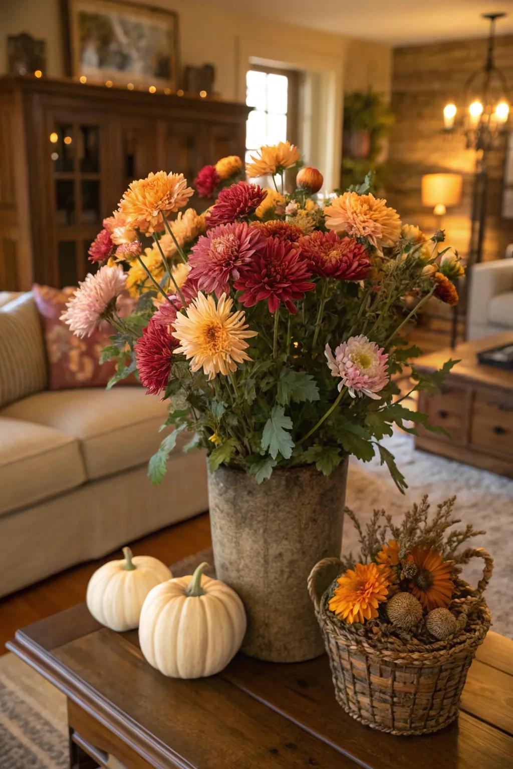 A seasonal arrangement with garden mums introducing autumn feelings indoors.
