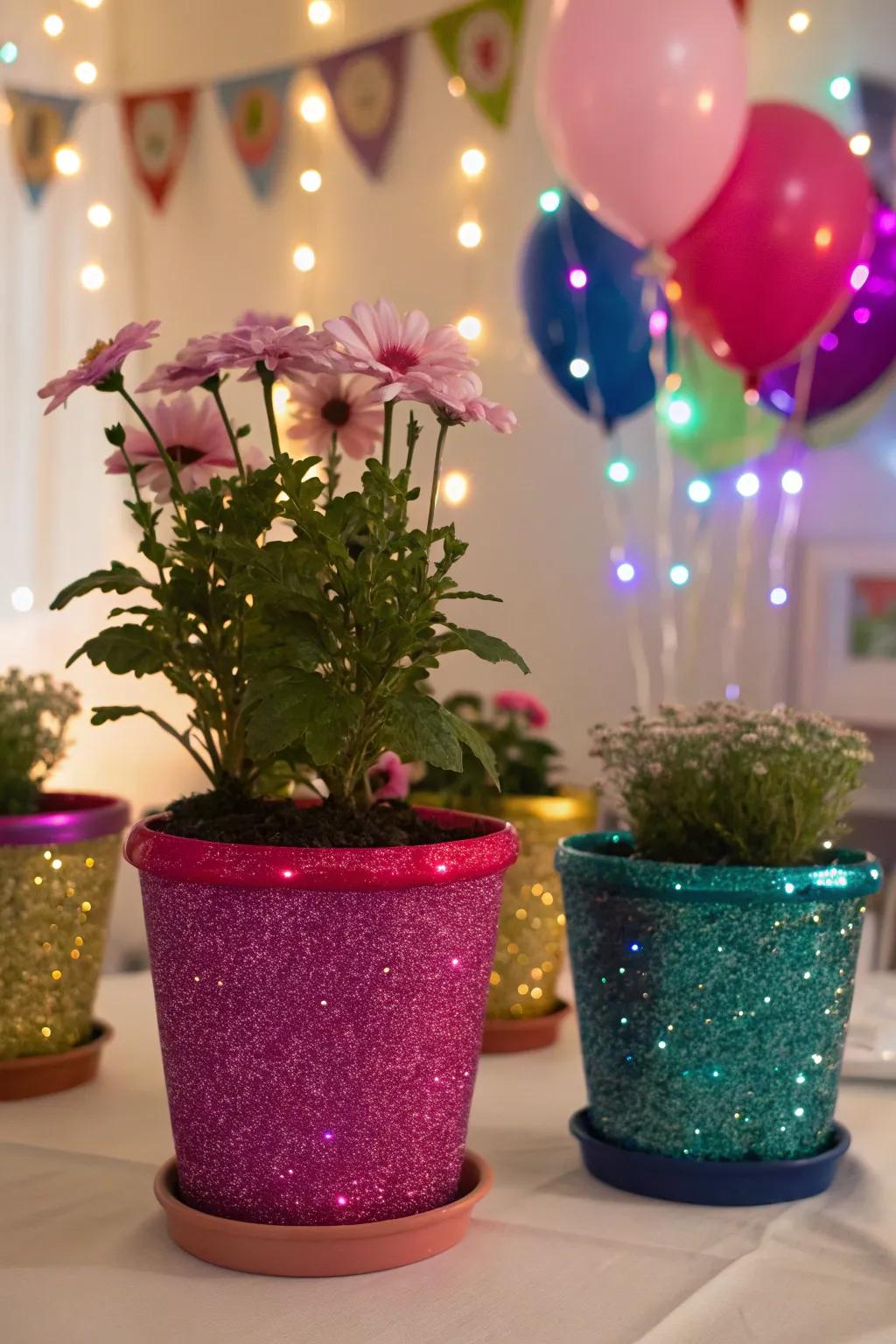 Introduce shine to your decoration using glitter-covered plant pots.