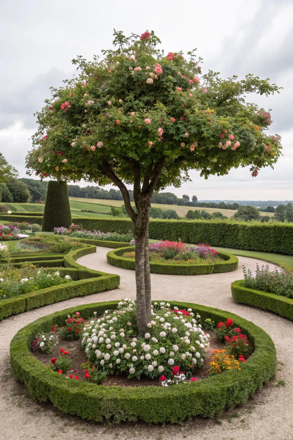 An orbital flower bed enriches the innate splendor of this tree.