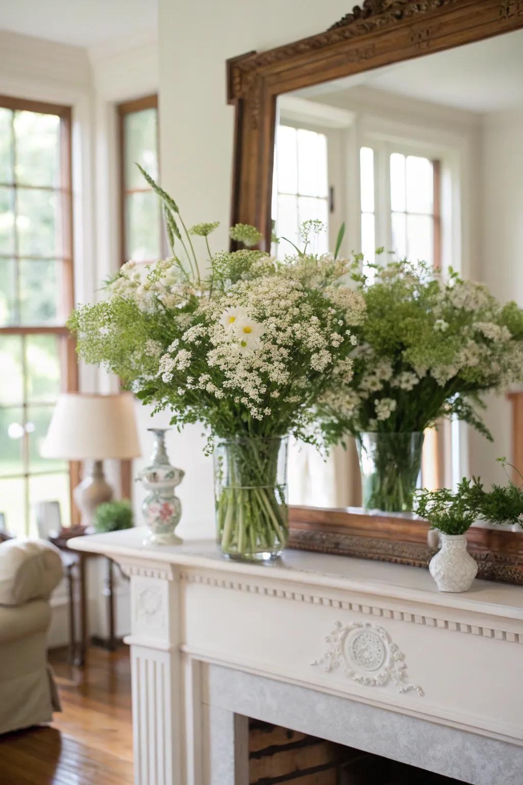An assortment of ivory wild blooms crafting an organic visual on a mantelpiece.