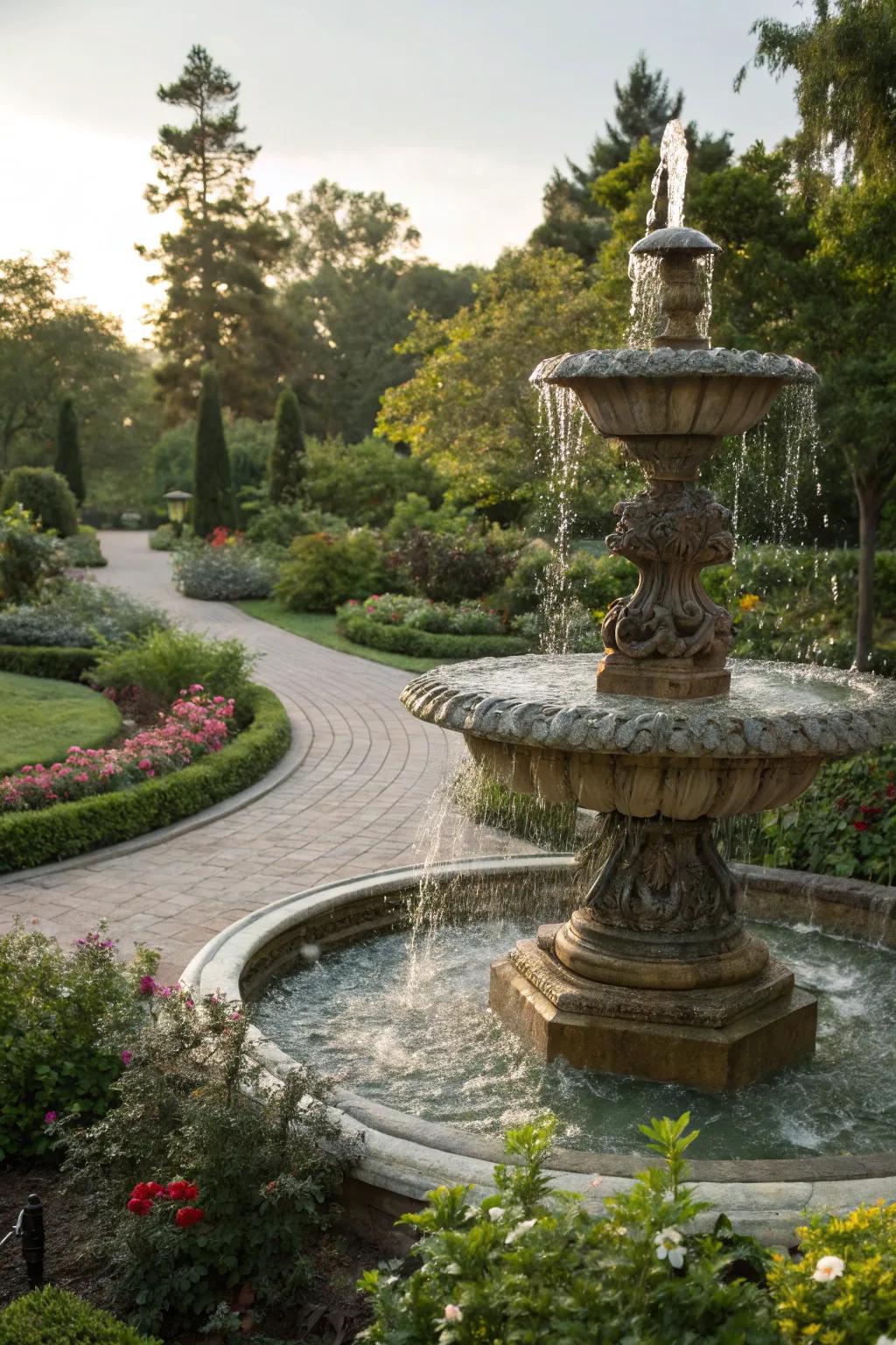 A sculptural fountain that acts as an art piece in the garden.