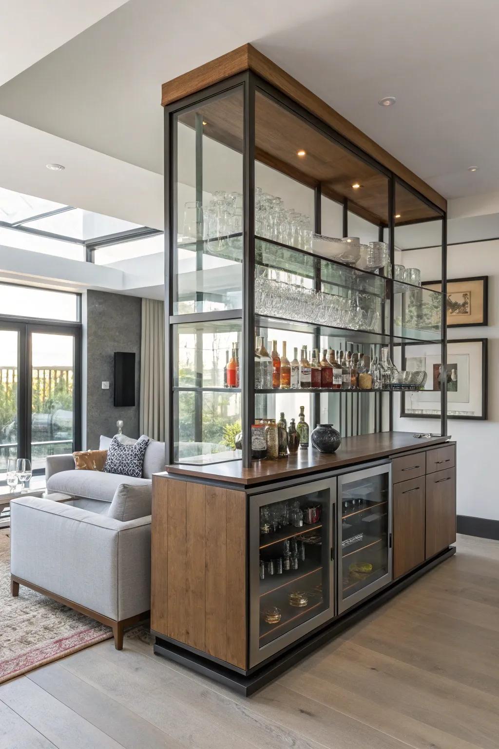 A bar through extensive shelving for optimum organization and panache.