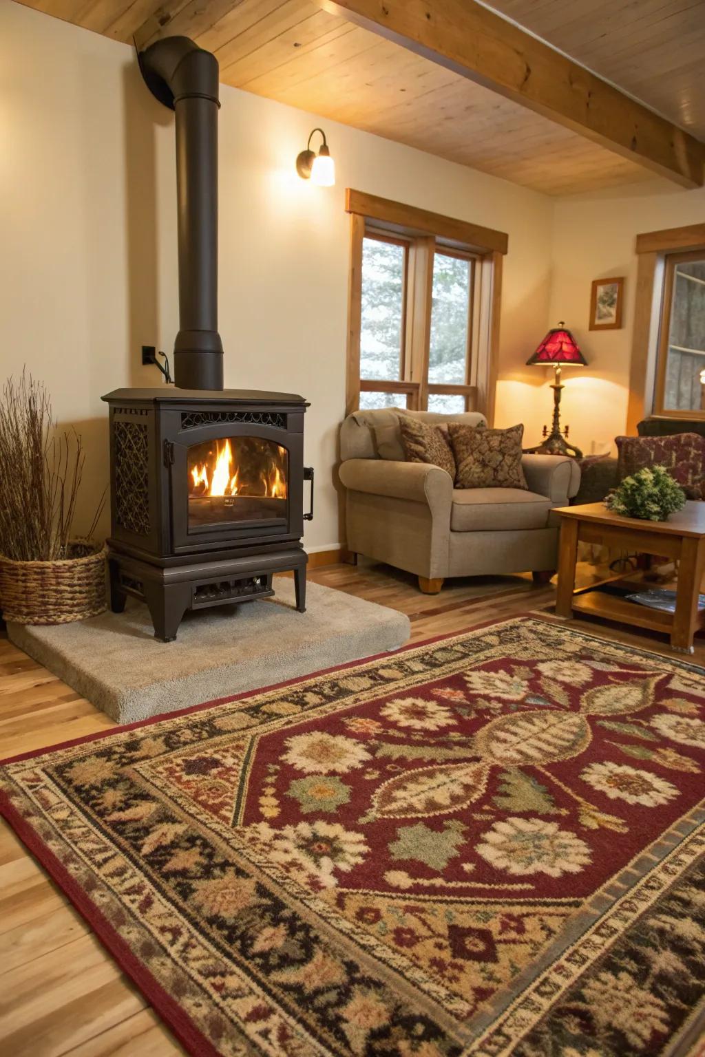 The fireplace area is made more fashionable and cozier by the addition of a fireplace rug.