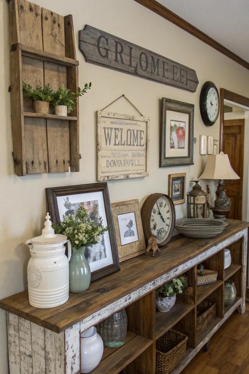 Rural-themed wall art and classic decor items give the space a distinct personality.