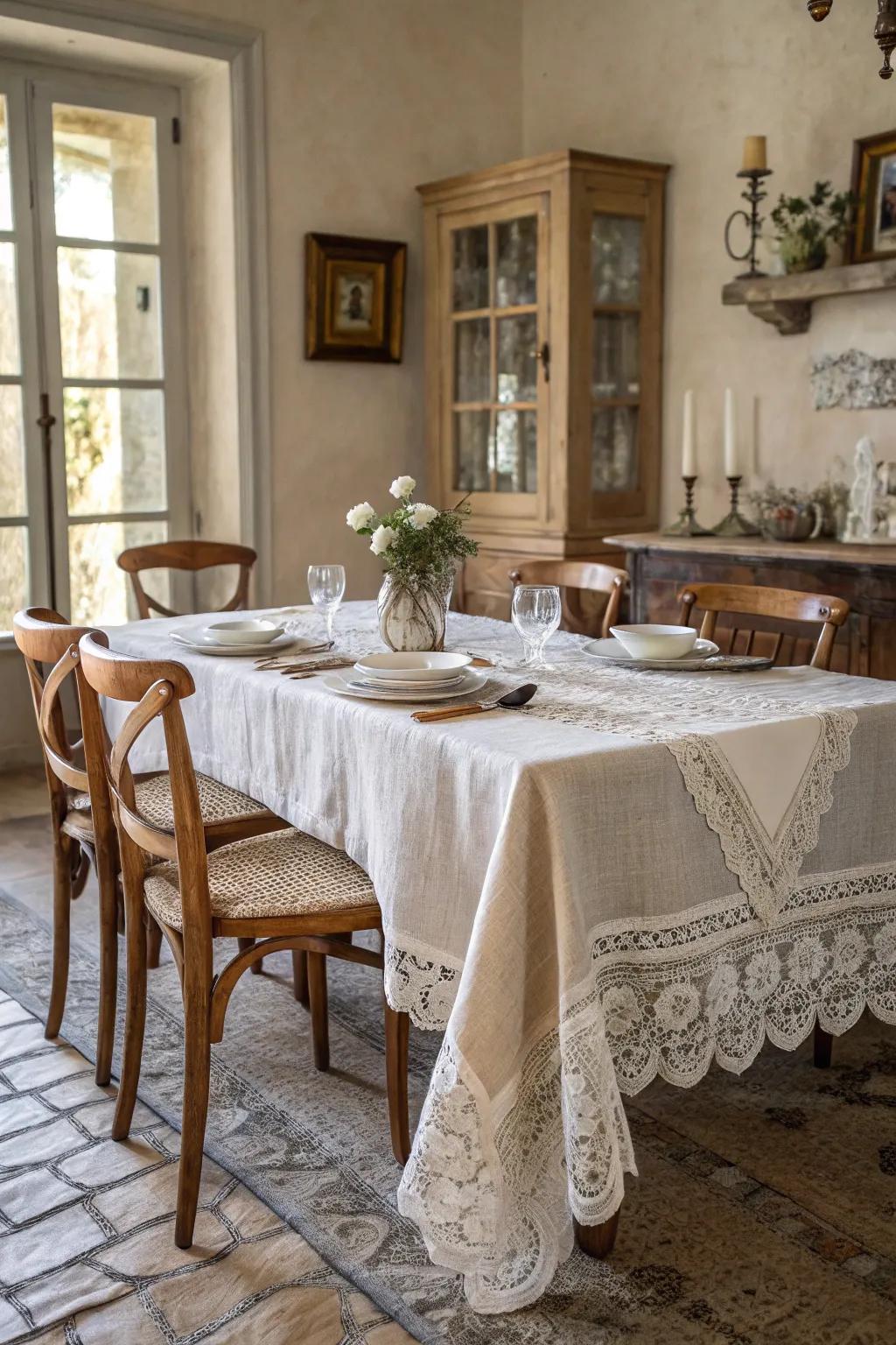 Textured fabrics introduce comfort and coziness to the dining space.