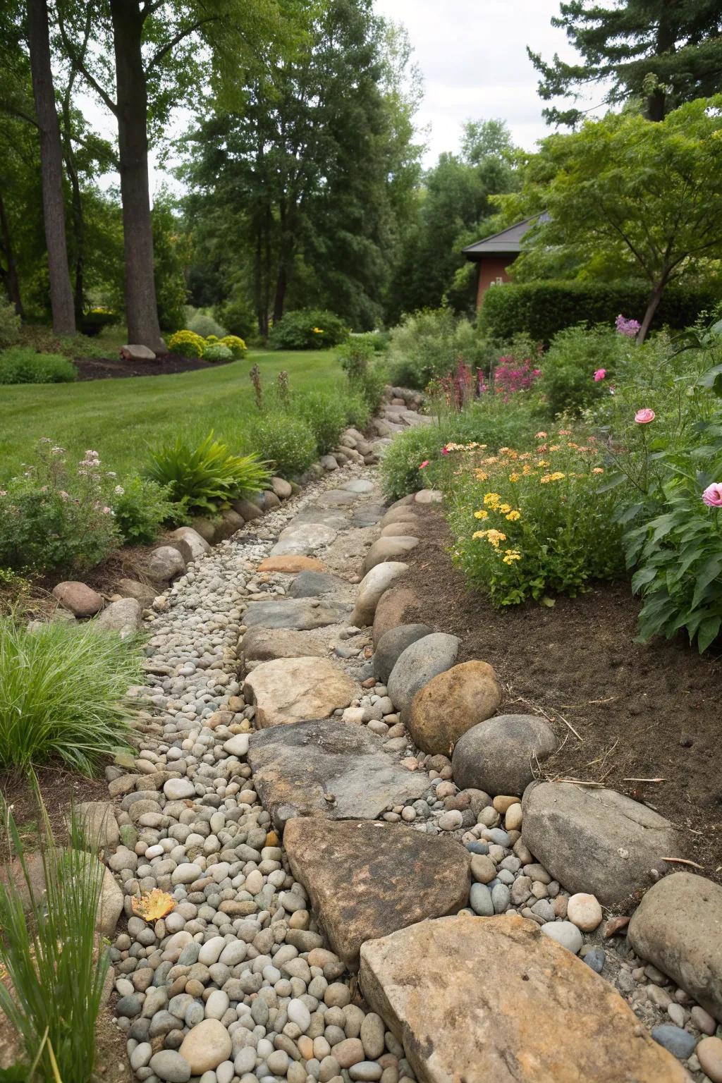 A simulated creek bed with a French drain, artistically arranged with stones and pebbles.