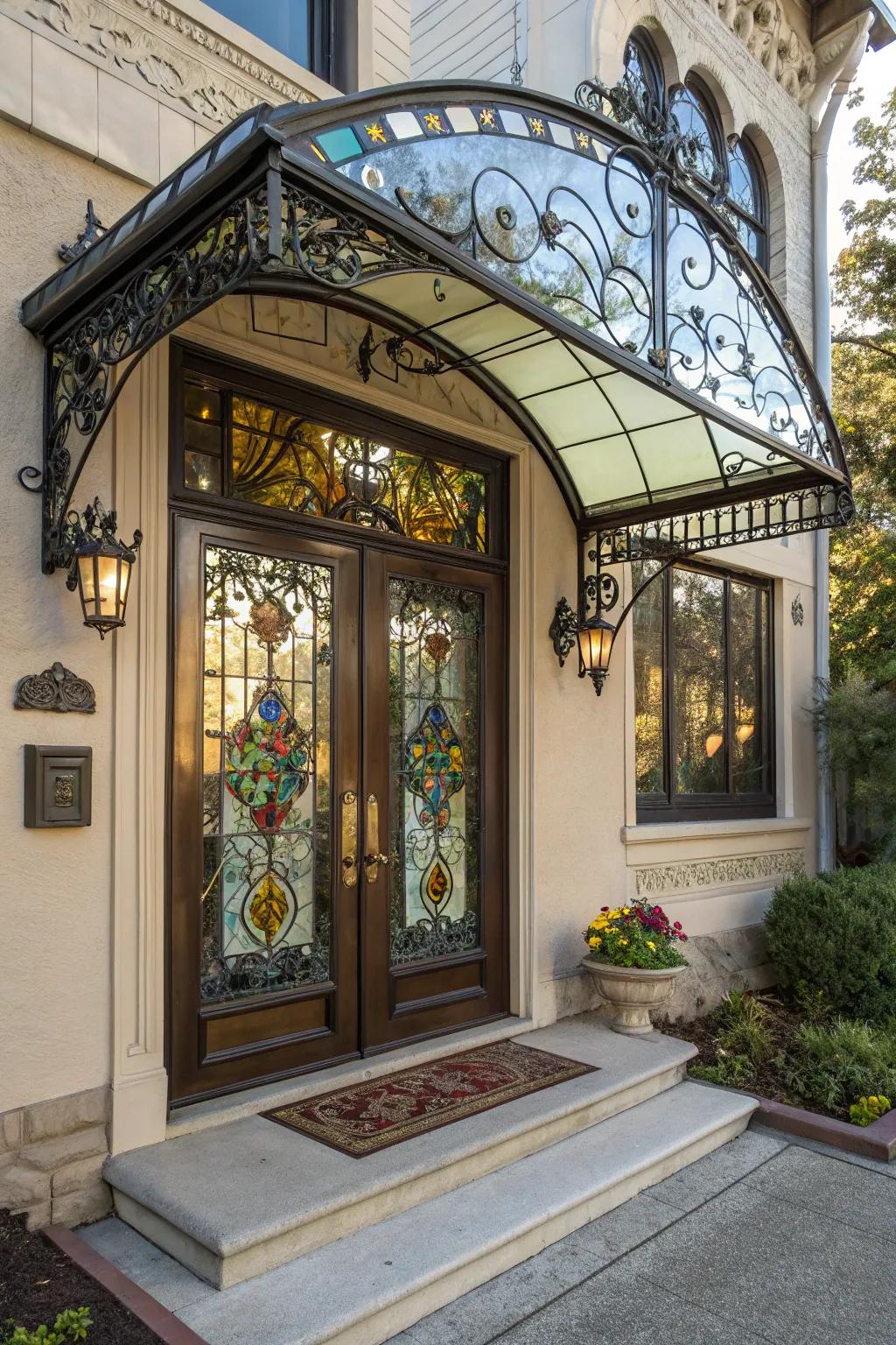 Stained glass overhangs represent artistic masterpieces.