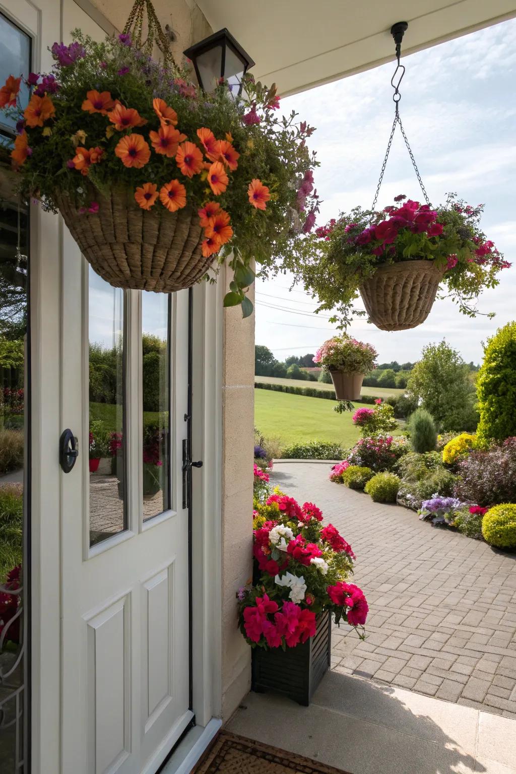 Suspended baskets introduce vertical intrigue to the doorway.