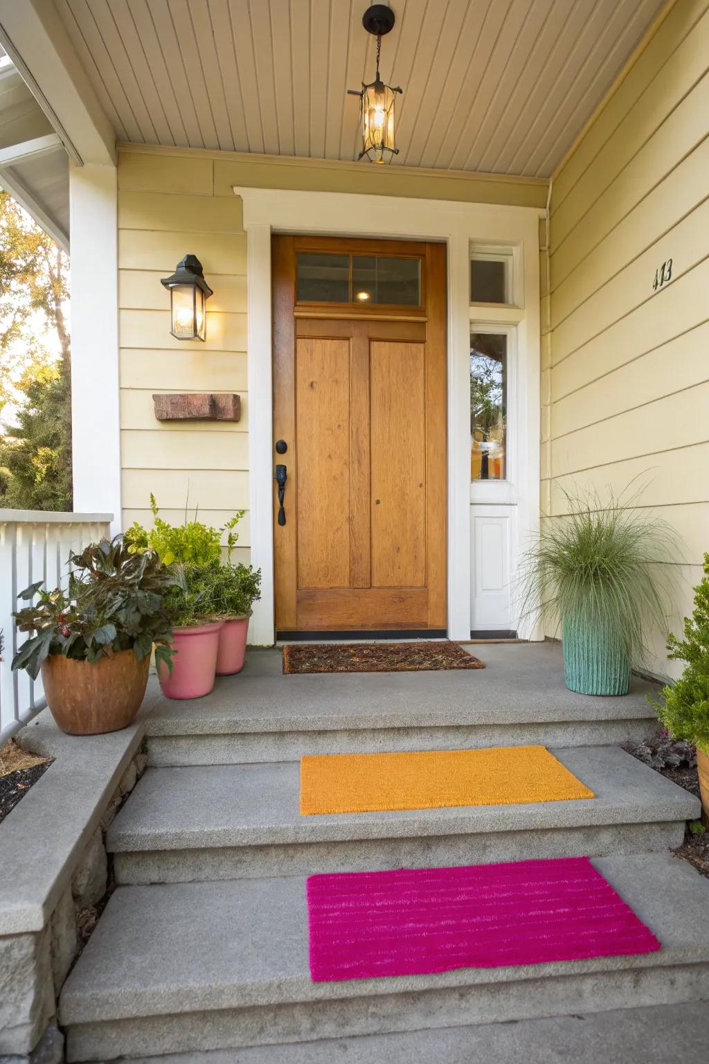 A brightly colored doormat contributing cheer to the entrance.