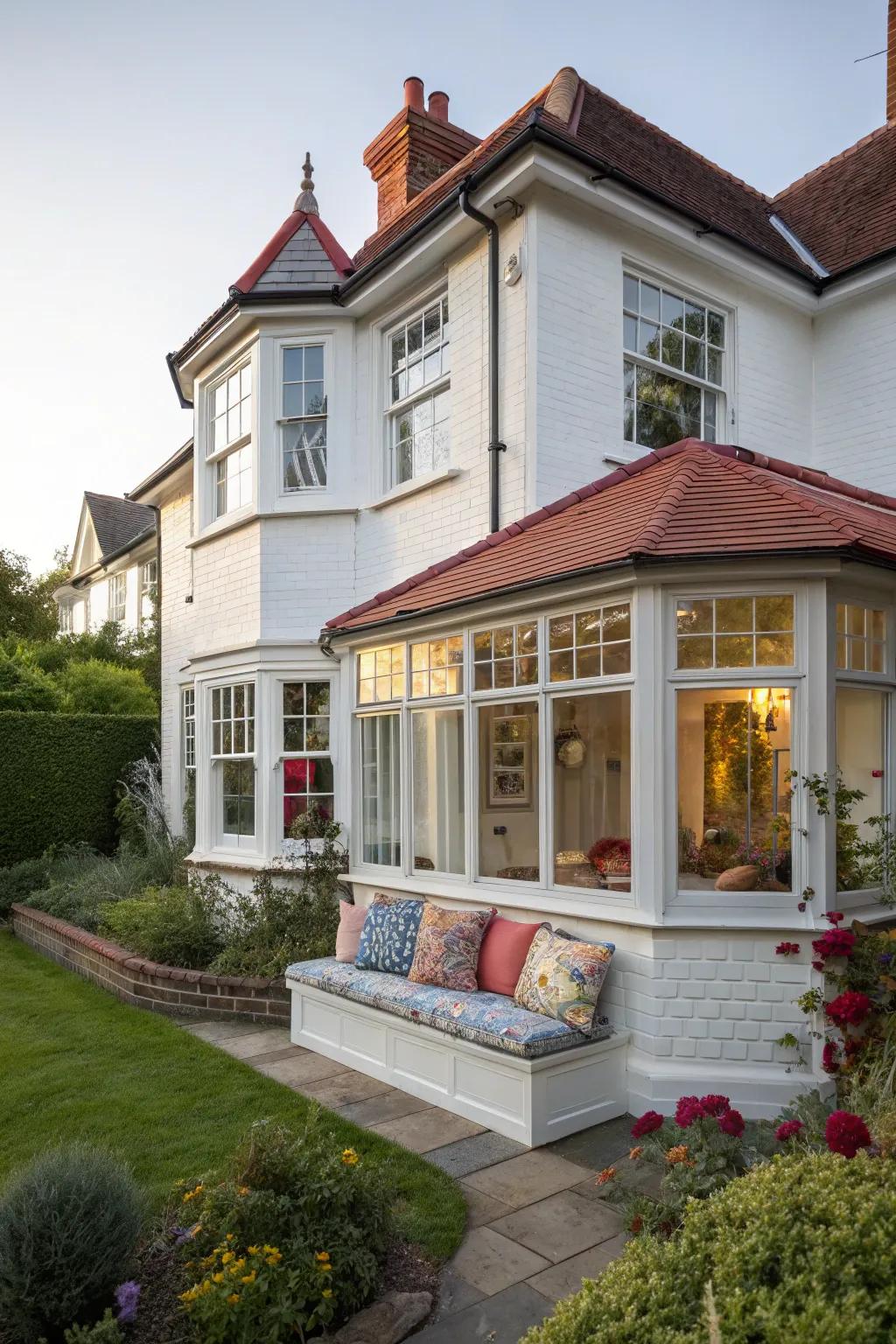 A large bow window enhances charm and functionality in this home.