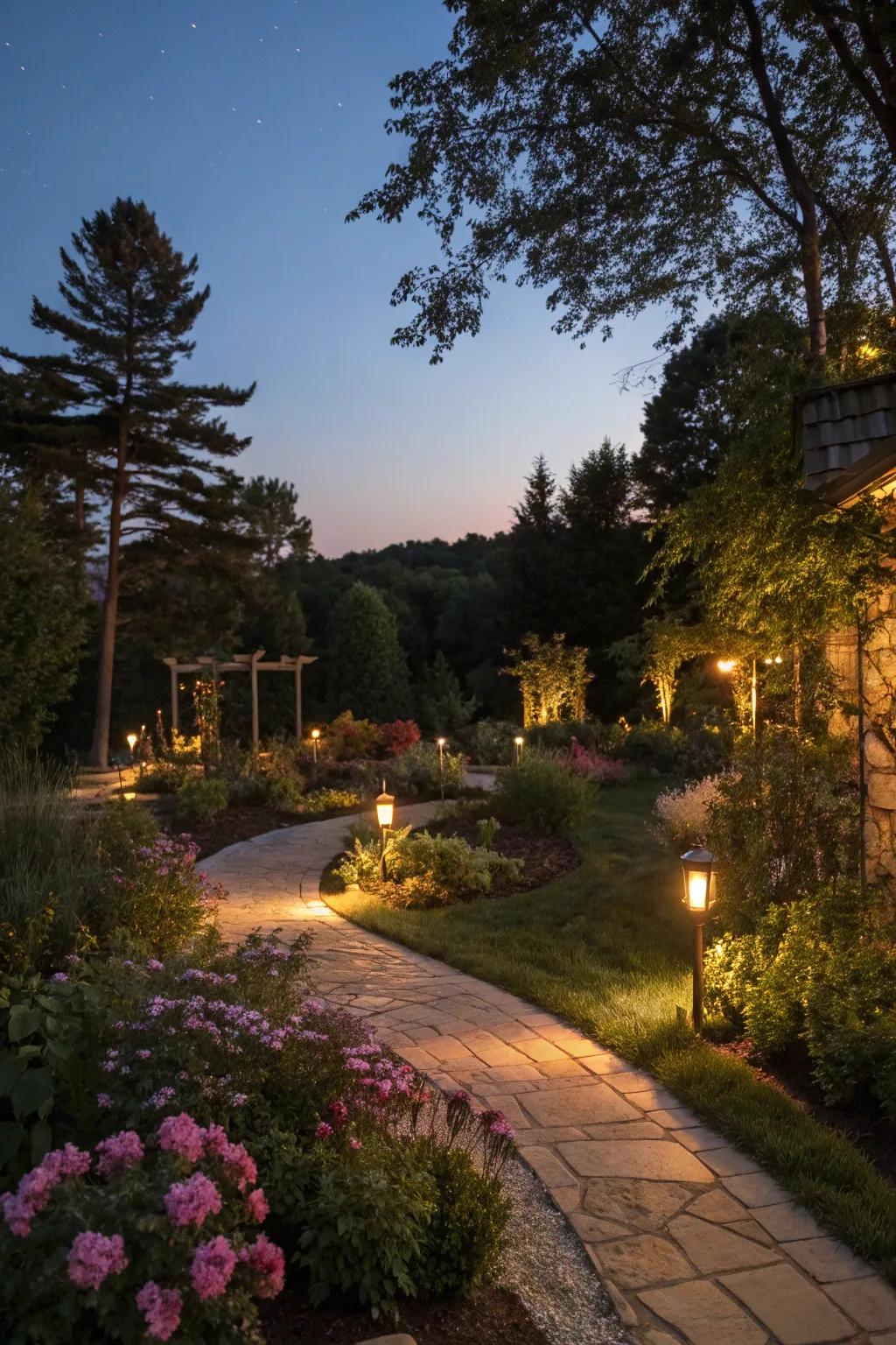 Garden illuminated through strategic spot lighting.