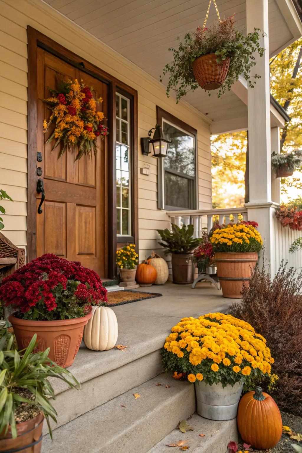 A front porch beautified with periodic plantings including ornamental decor.
