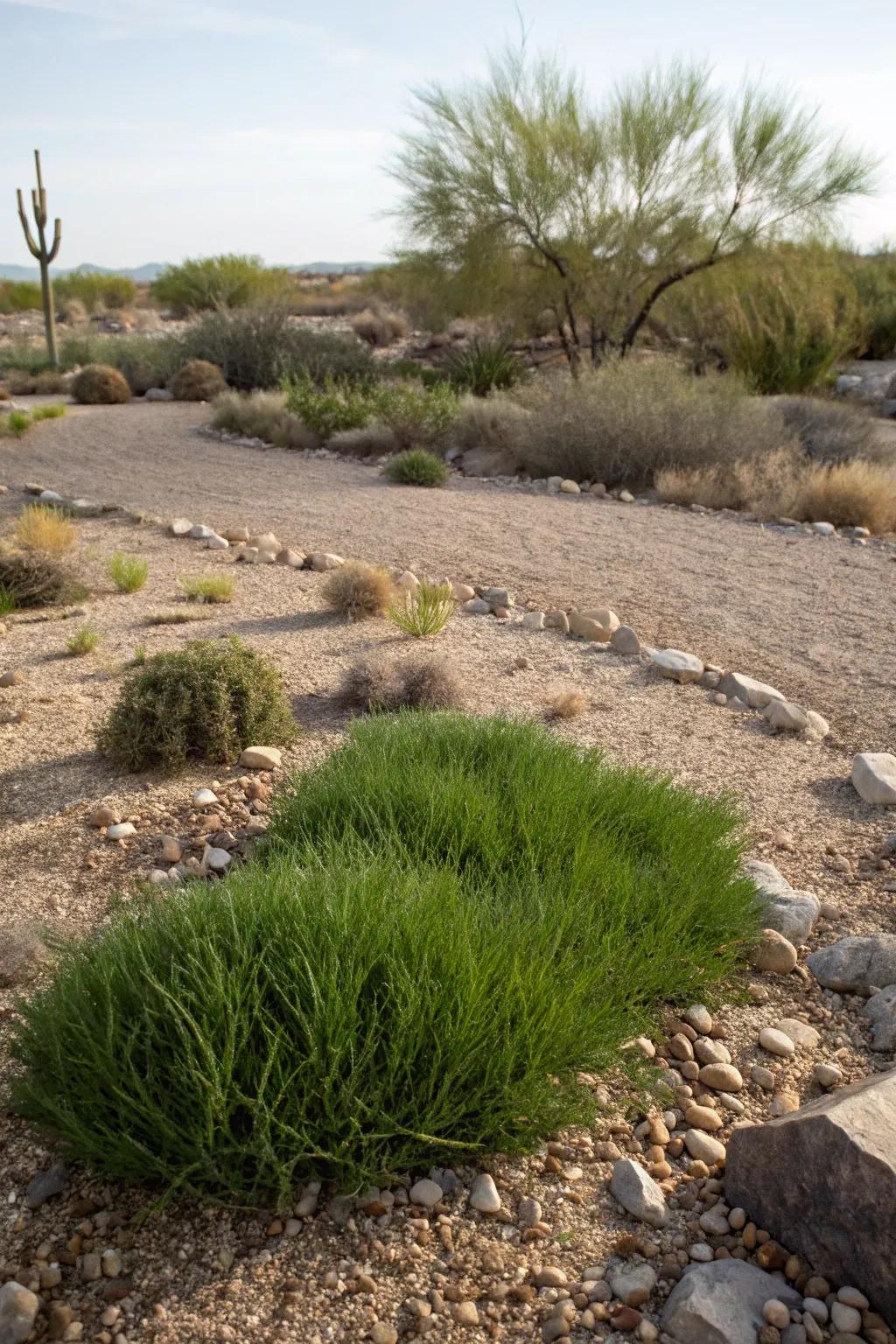 A patch of grass softens the hard lines of a desert yard.