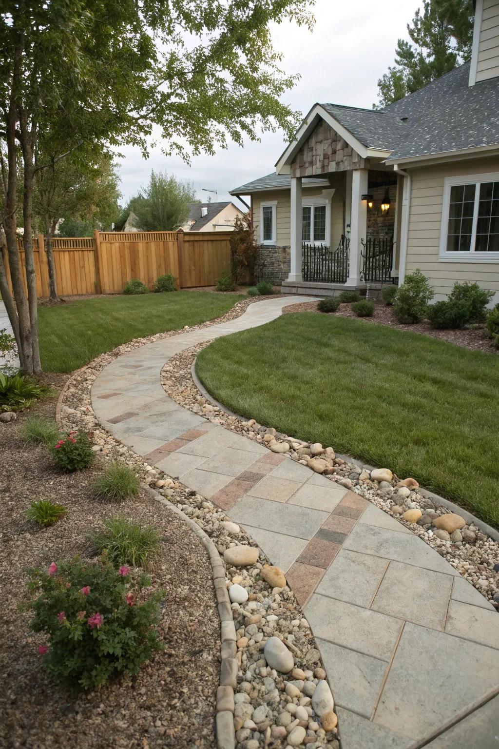 Combining resources adds texture and depth to a front yard walkway.