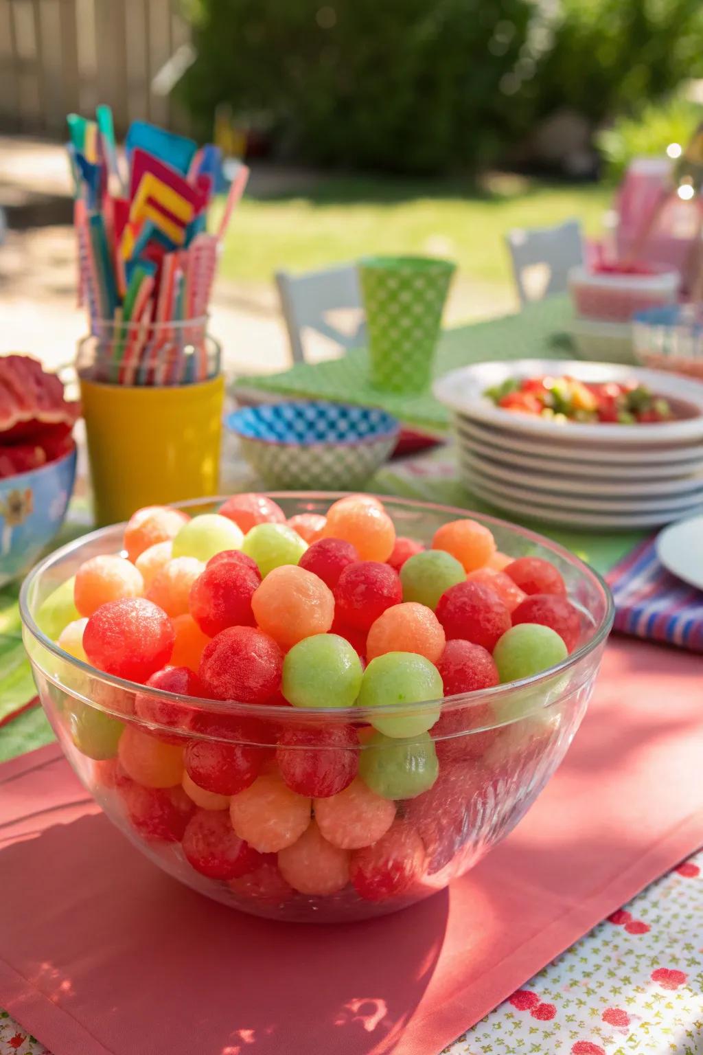 A revitalizing melon sphere salad suitable for summer celebrations.