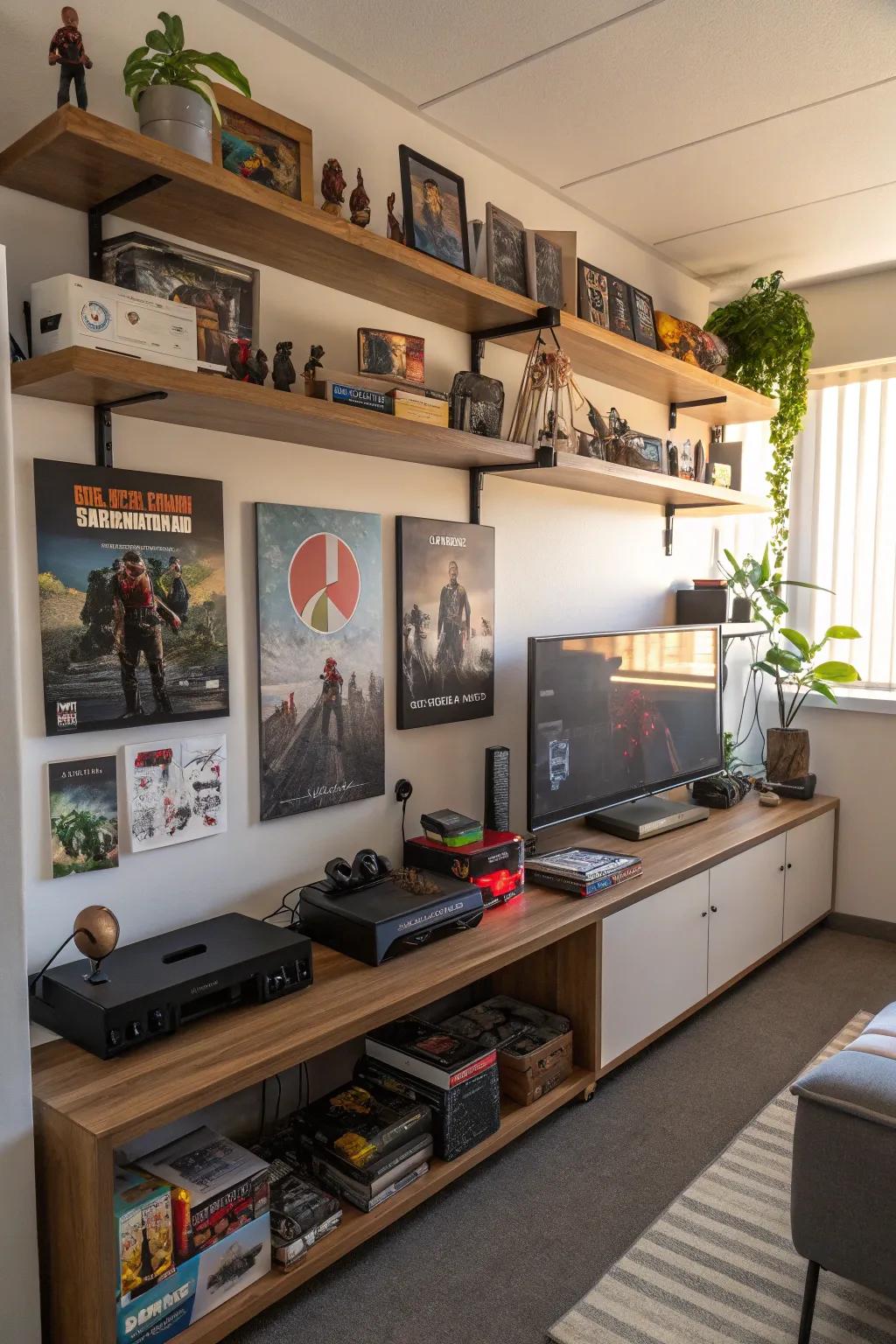 Exhibit your keepsakes on suspended shelves.
