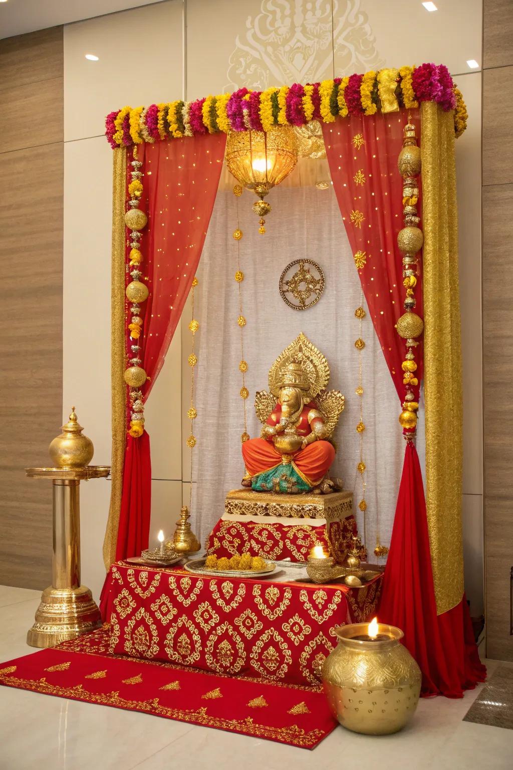 A unified amber and crimson scheme for Ganpati decor.