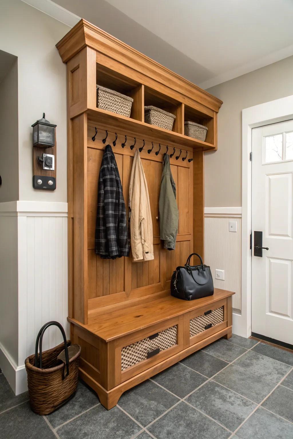 A dedicated coat stand maintains organized and readily accessible outerwear.