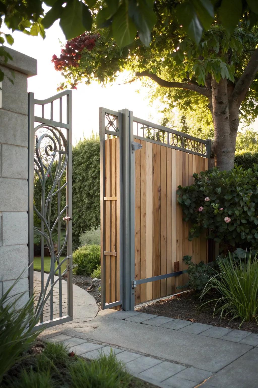 Modern garden gate coalescing metal and lumber for style and sturdiness.