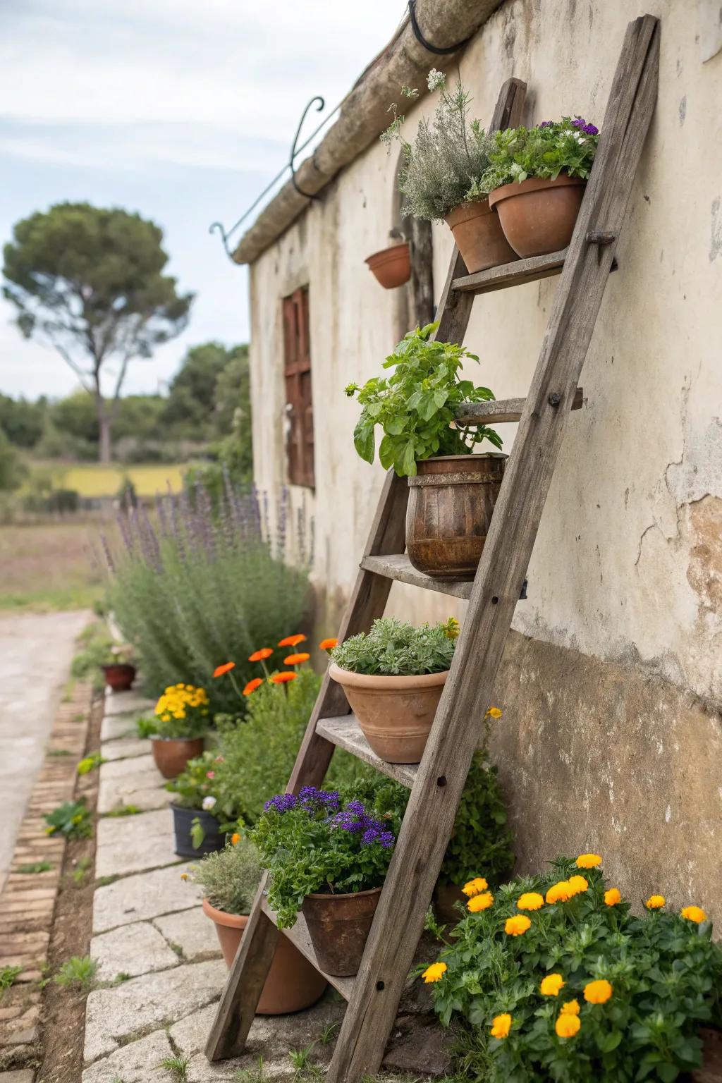 An upright ladder garden filled with potted plants.