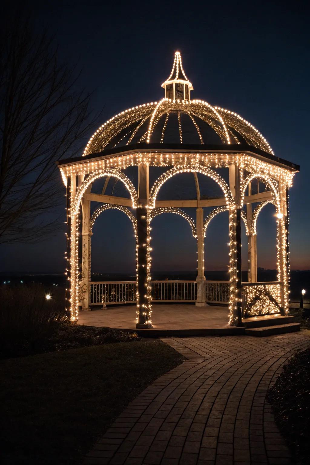 Extended lights outline the gazebo, refining its framework beautifully.