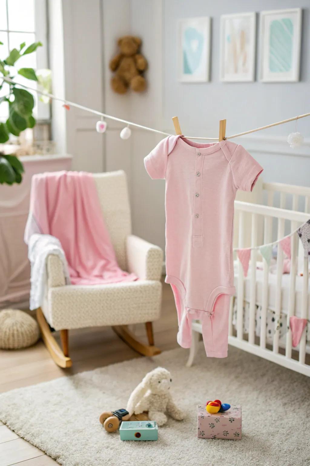A cute onesie reveal in a beautifully decorated nursery.