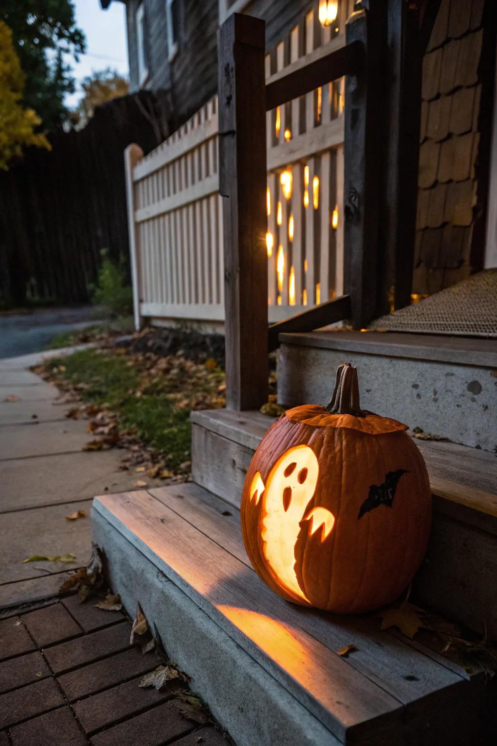 A carved pumpkin specter enhances your Halloween décor with a spectral glow.