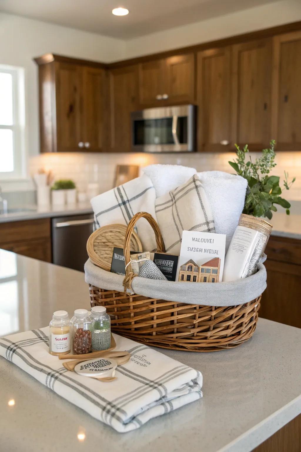 A housewarming present basket overflowing with functional items.
