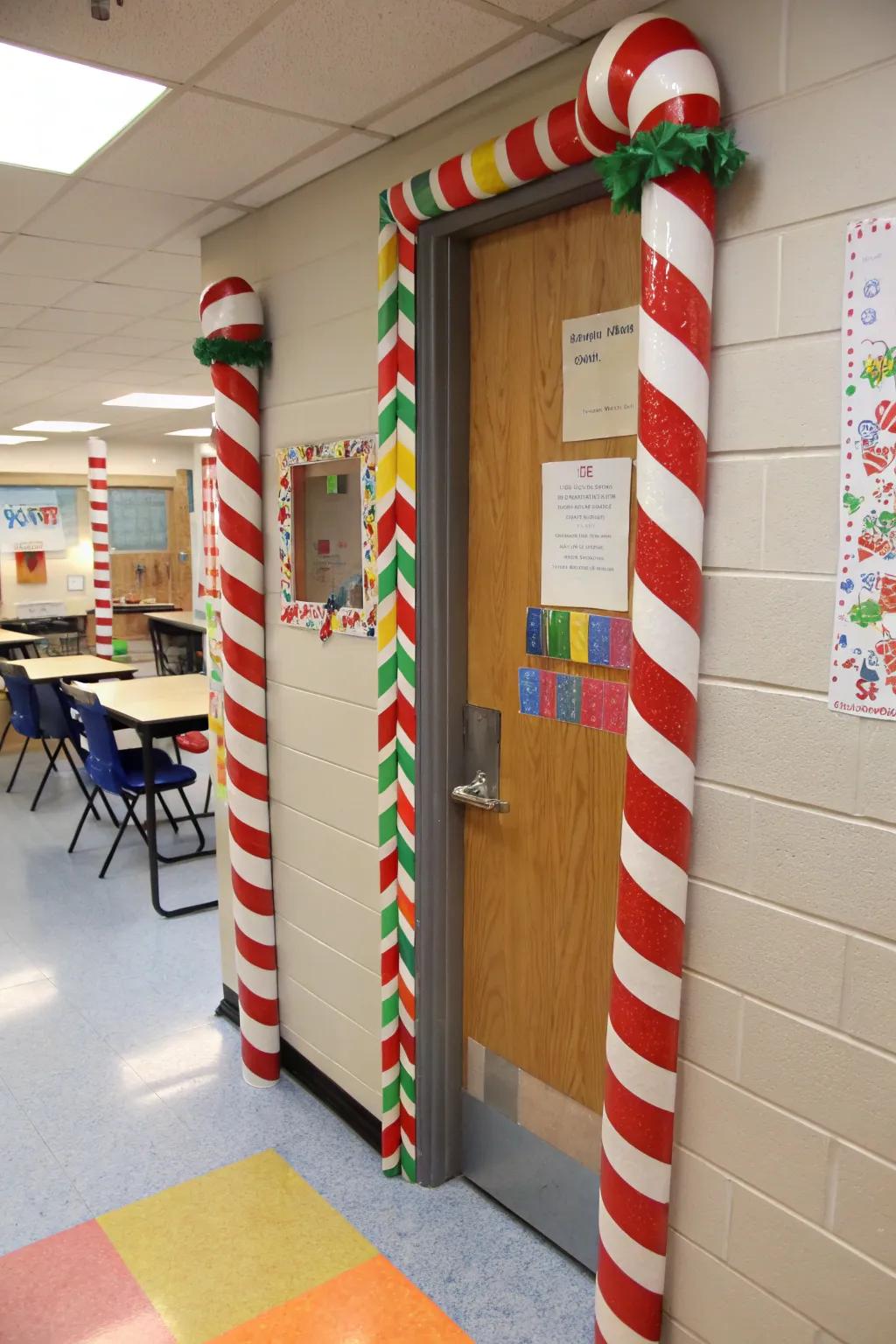Sweet stick columns outline the doorway with holiday merriment.