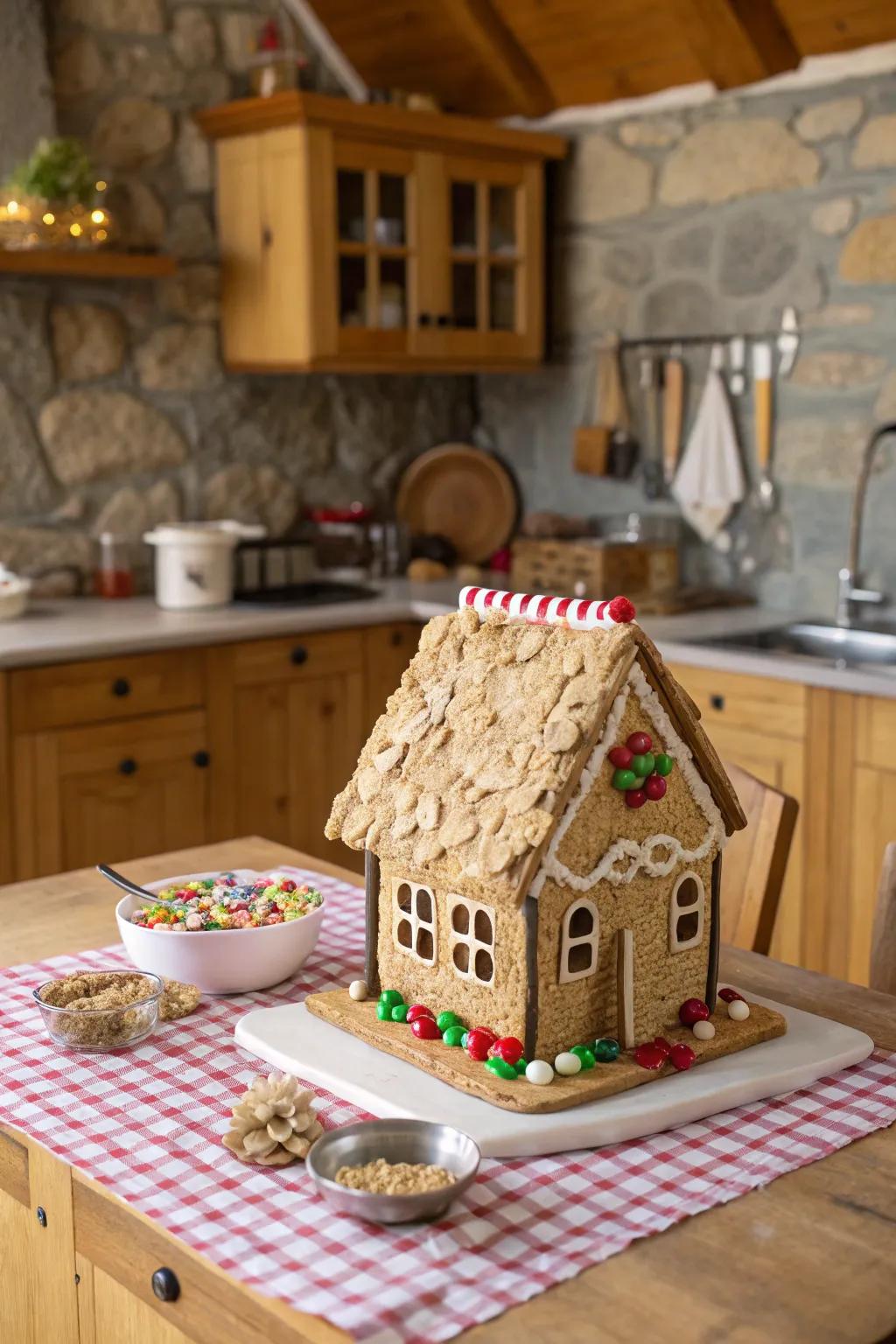 A grain shingle topping adorning a gingerbread residence.