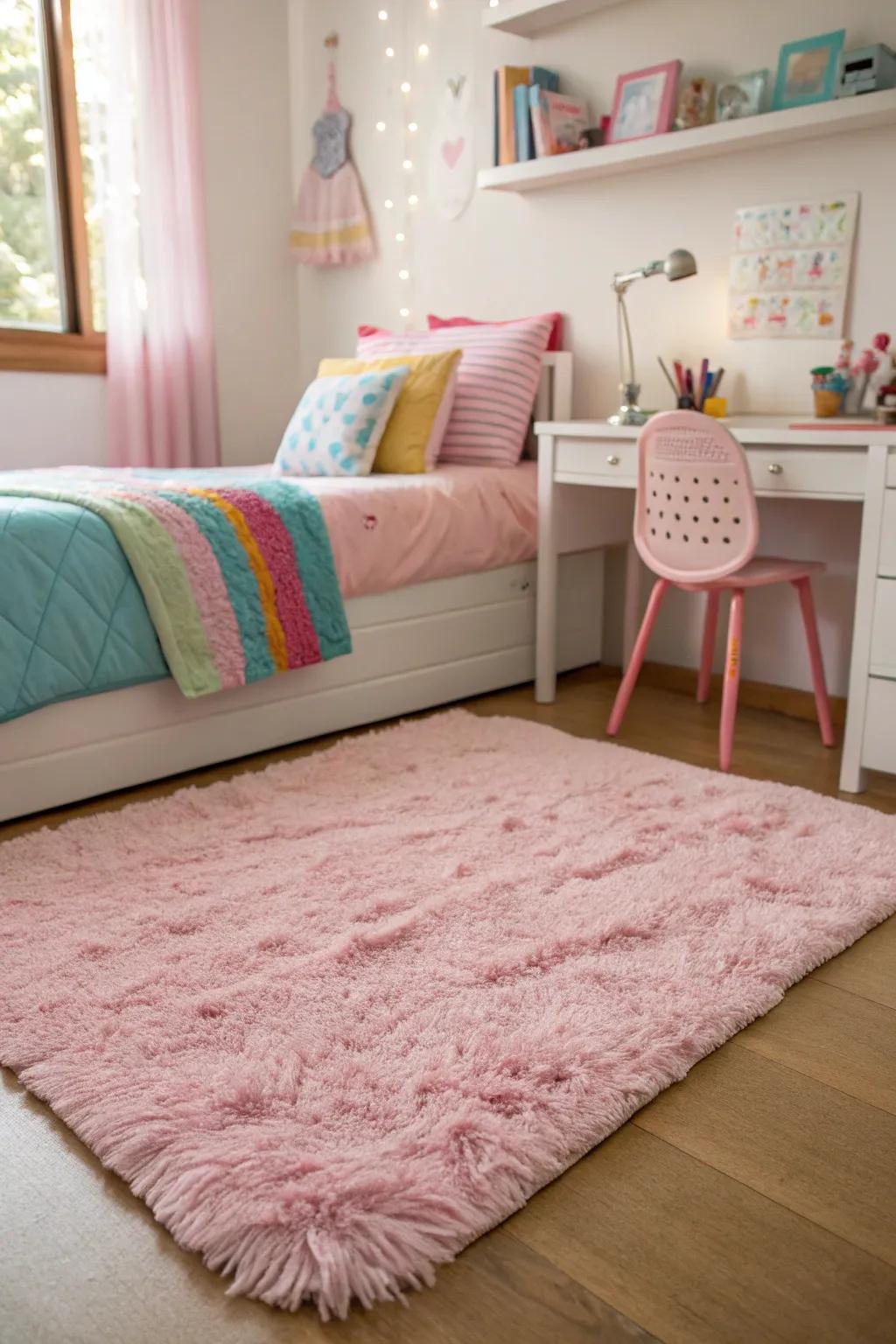 A delicate rosy floor covering adds coziness and style.