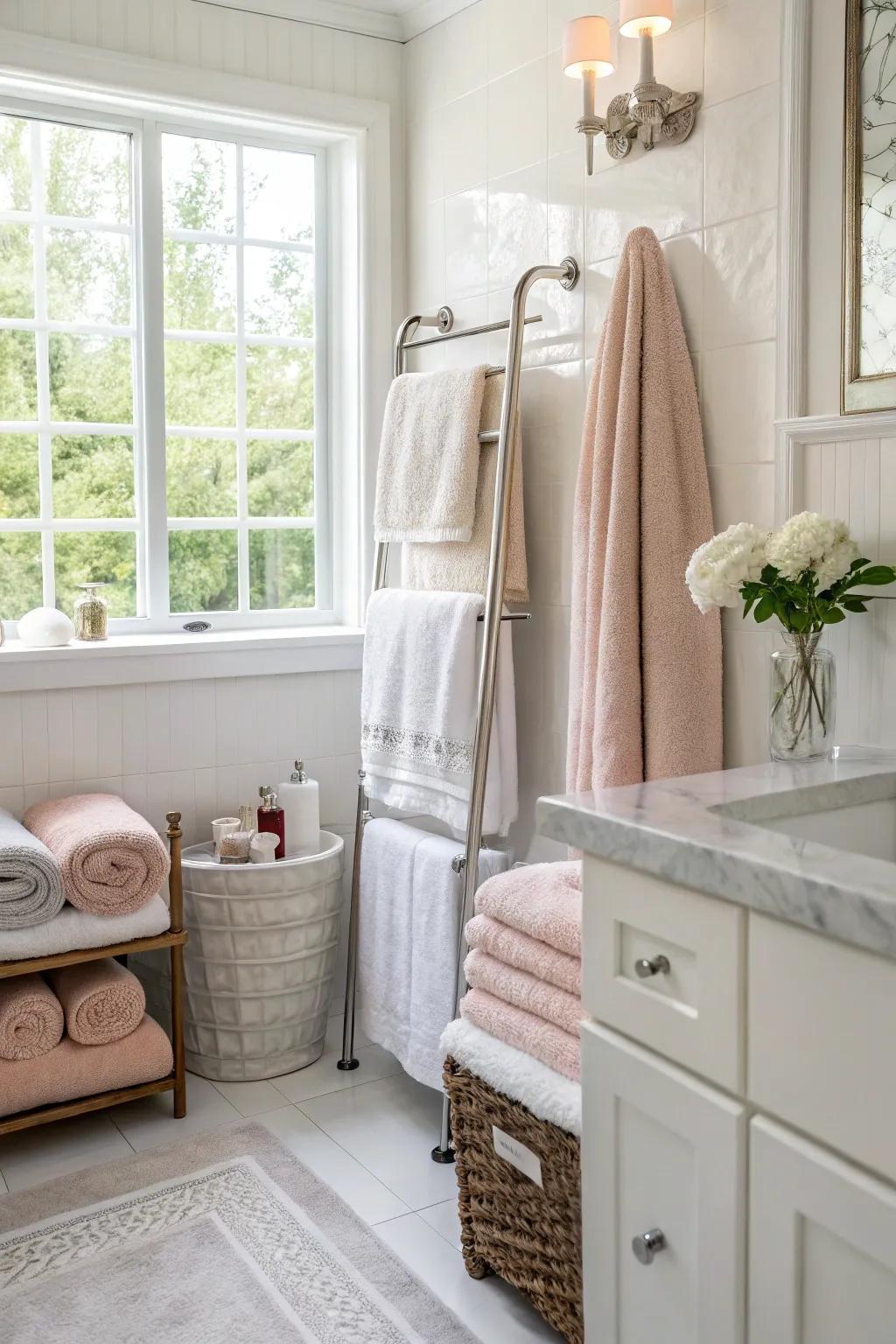 A cozy bathroom highlights plush towels and soft textile accents.